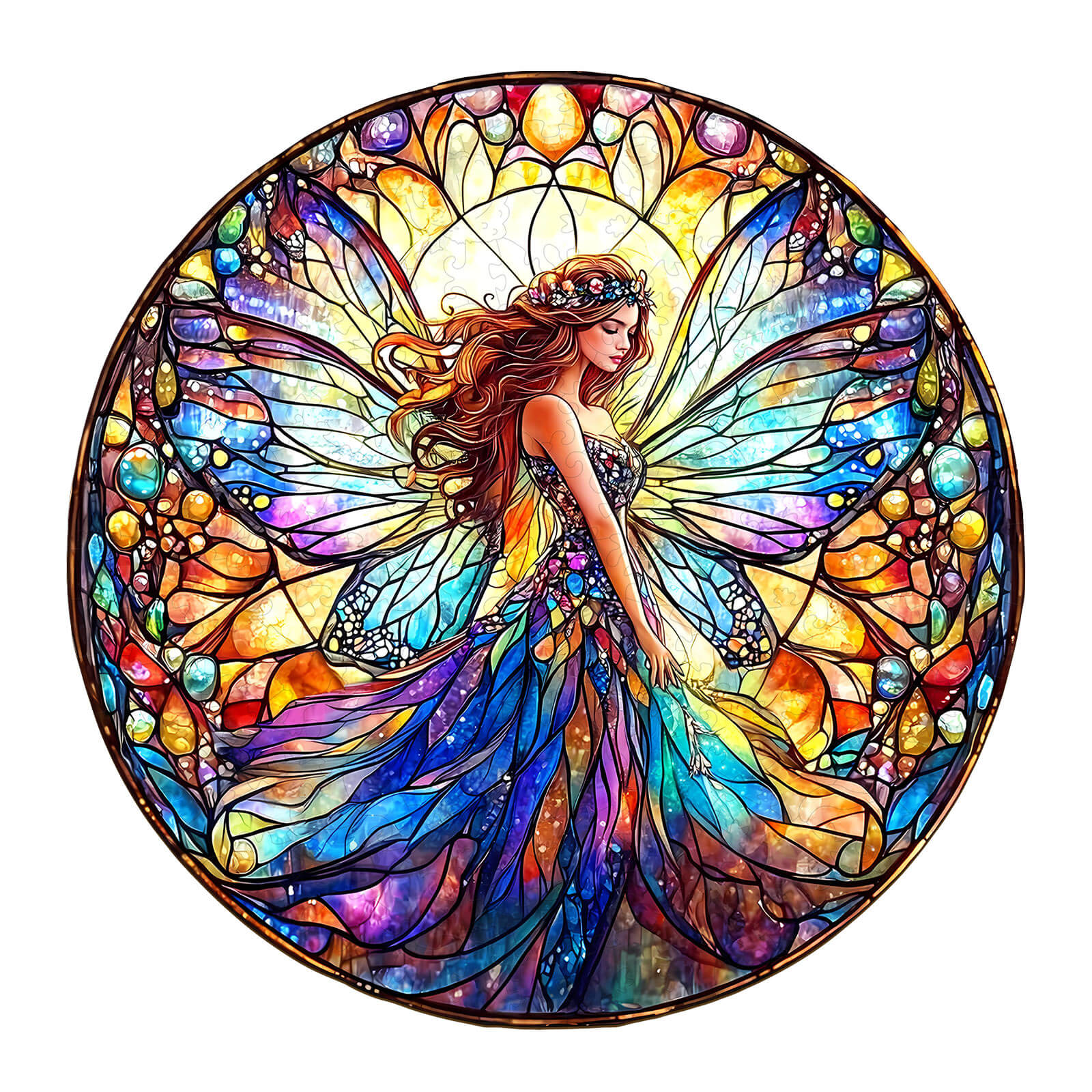 Vibrant stained glass fairy design featuring colorful wings and sparkling details in a circular jigsaw puzzle.