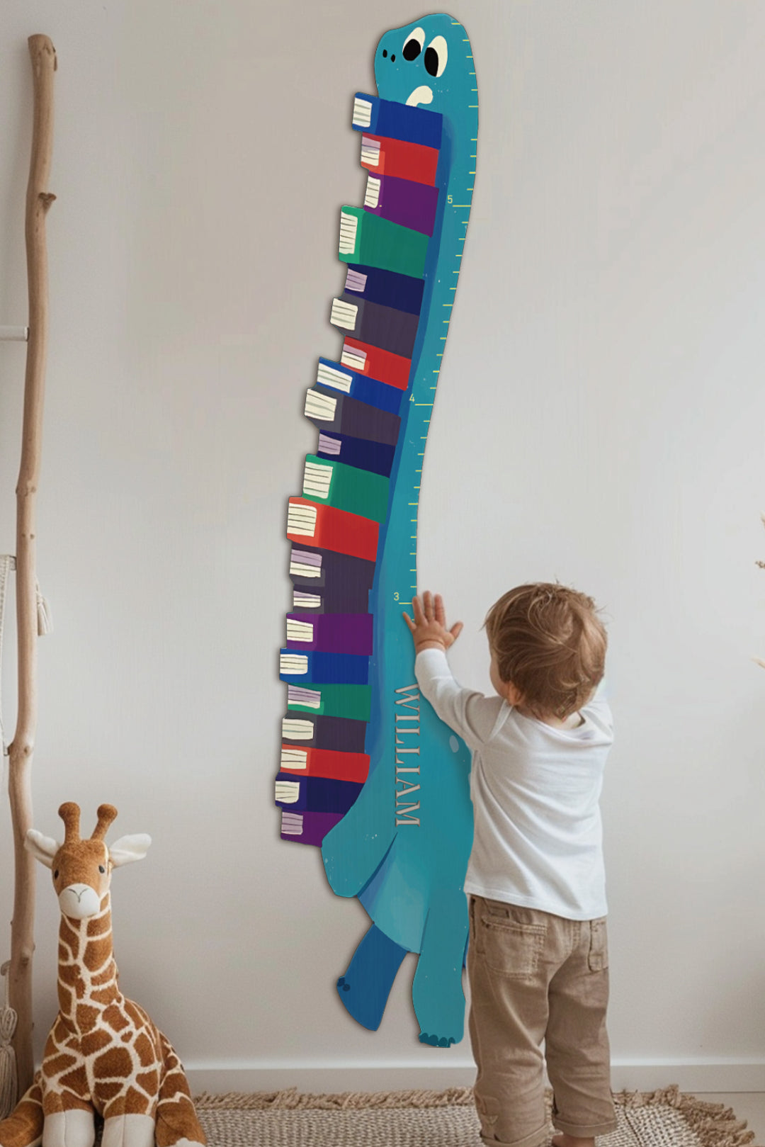 Règle de croissance dinosaure en bois personnalisée pour livres