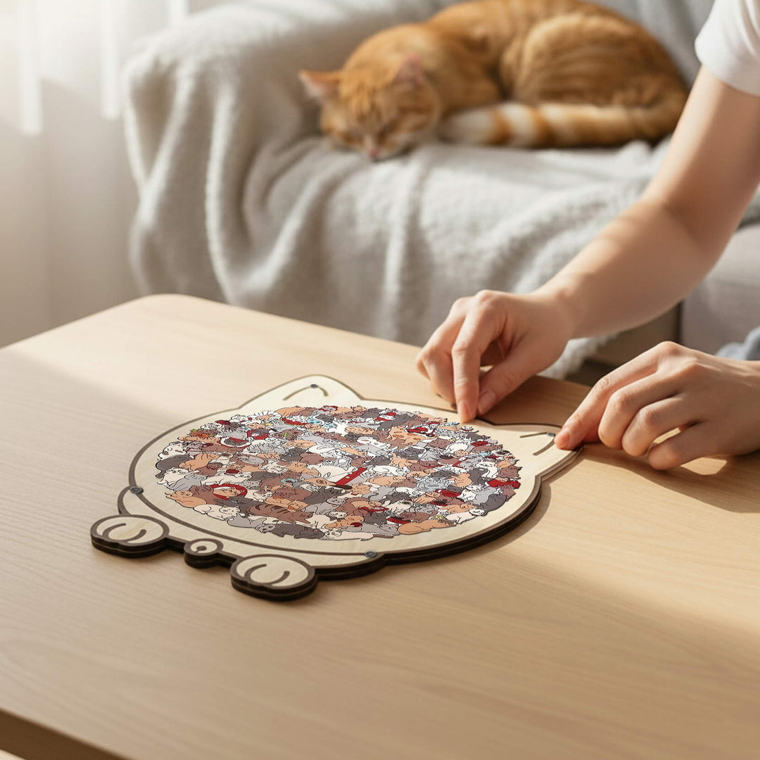 Morandi-Colored Cozy Cat Shaped Wooden Jigsaw Puzzle