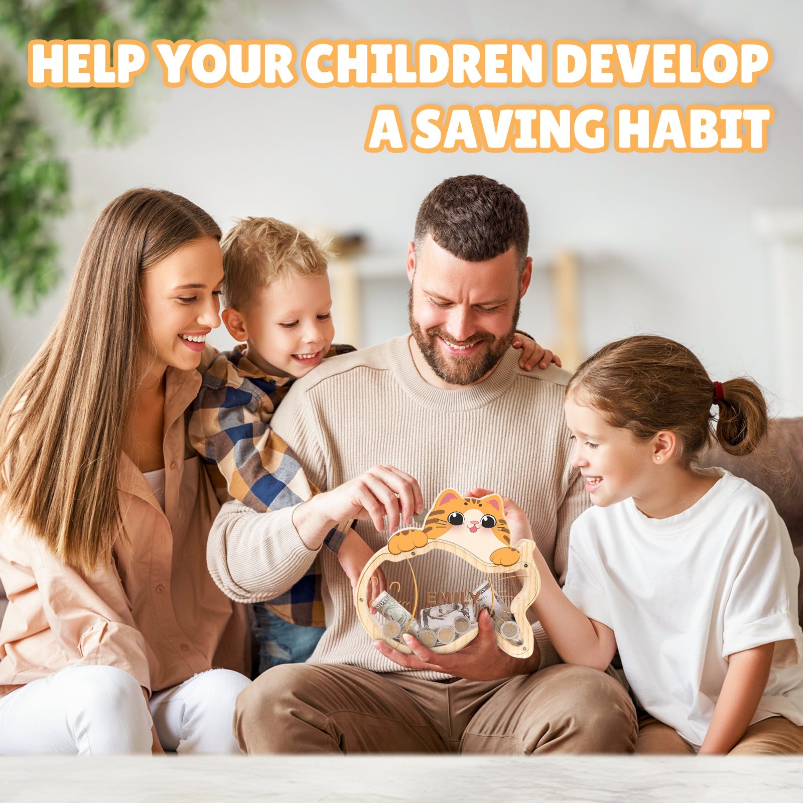 Family enjoying a moment together with a customized kitten-shaped piggy bank to encourage children to save money.