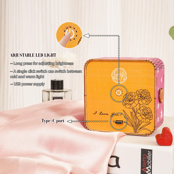 3D wooden puzzle night light with adjustable LED settings and USB power supply, perfect for home decoration.