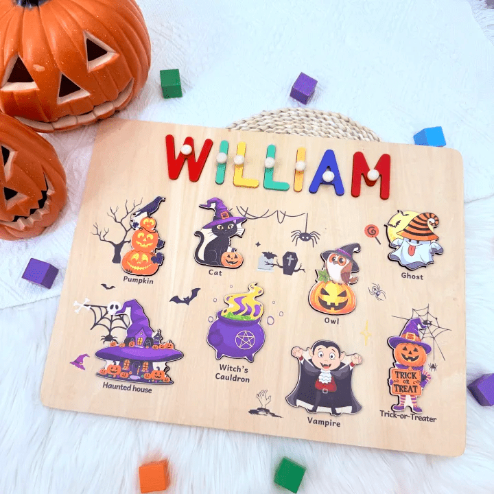 Personalized Wooden Name Puzzle -Happy Halloween for Toddlers