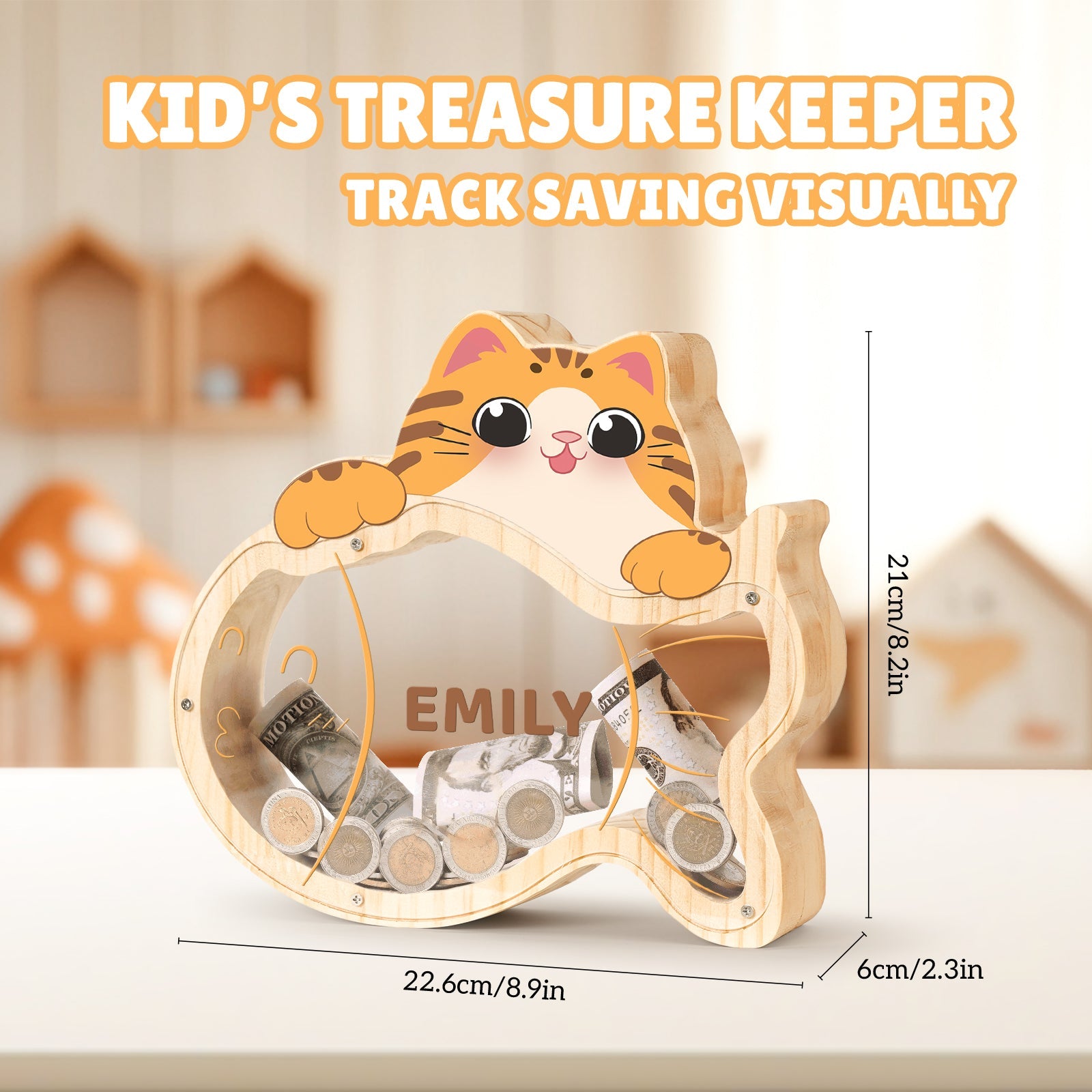 Customized kitten-shaped children's piggy bank, eco-friendly wood design for kids' saving and fun.