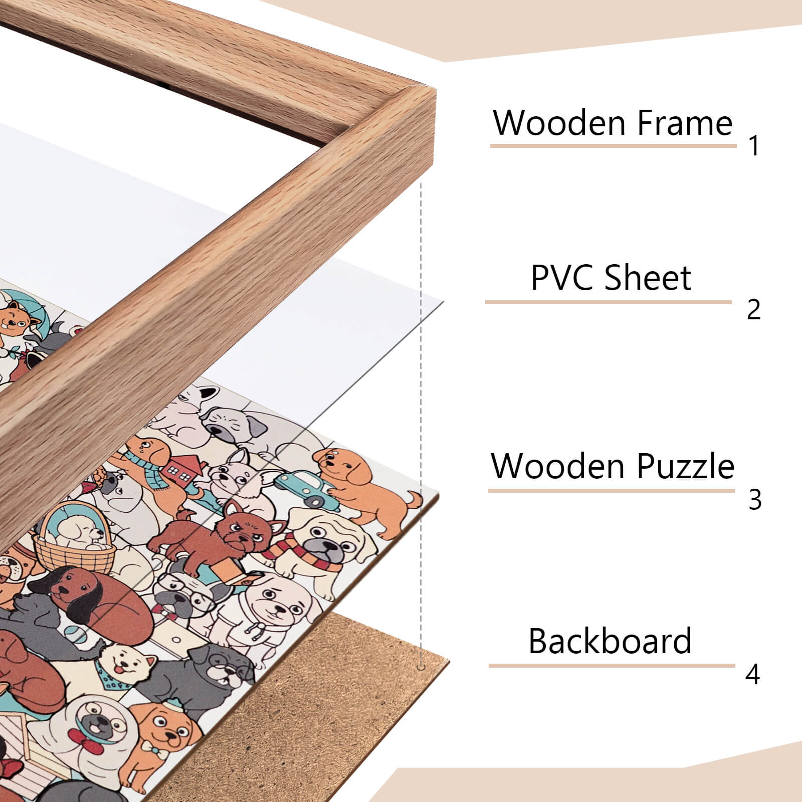 Puzzle carré en bois 195 pièces couleur Morandi en forme de chien mignon