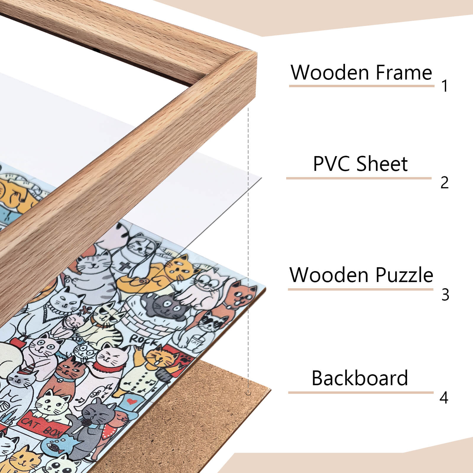 Puzzle carré en bois 175 pièces couleur Morandi en forme de chat mignon