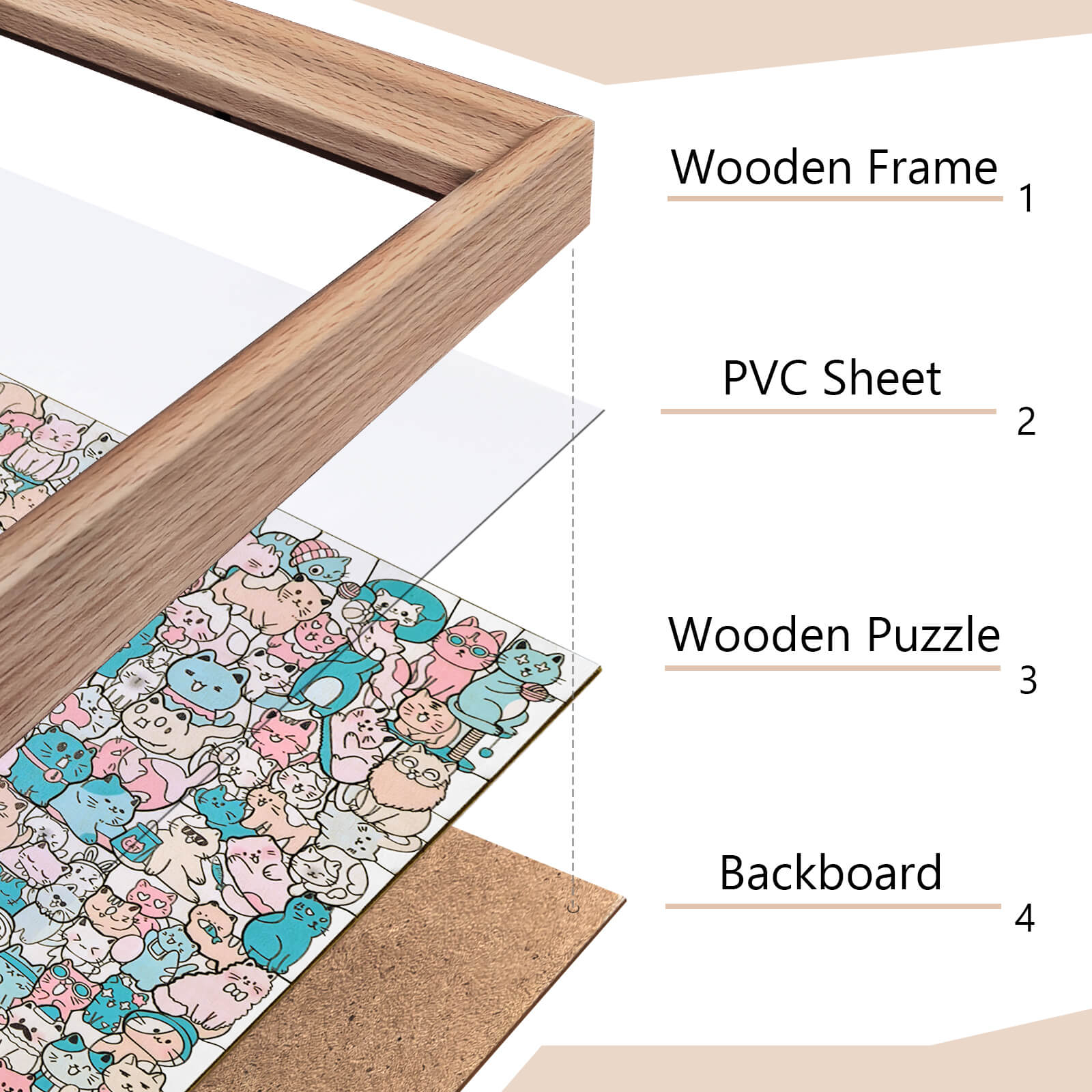 Puzzle carré en bois 200 pièces couleur Morandi en forme de chat adorable