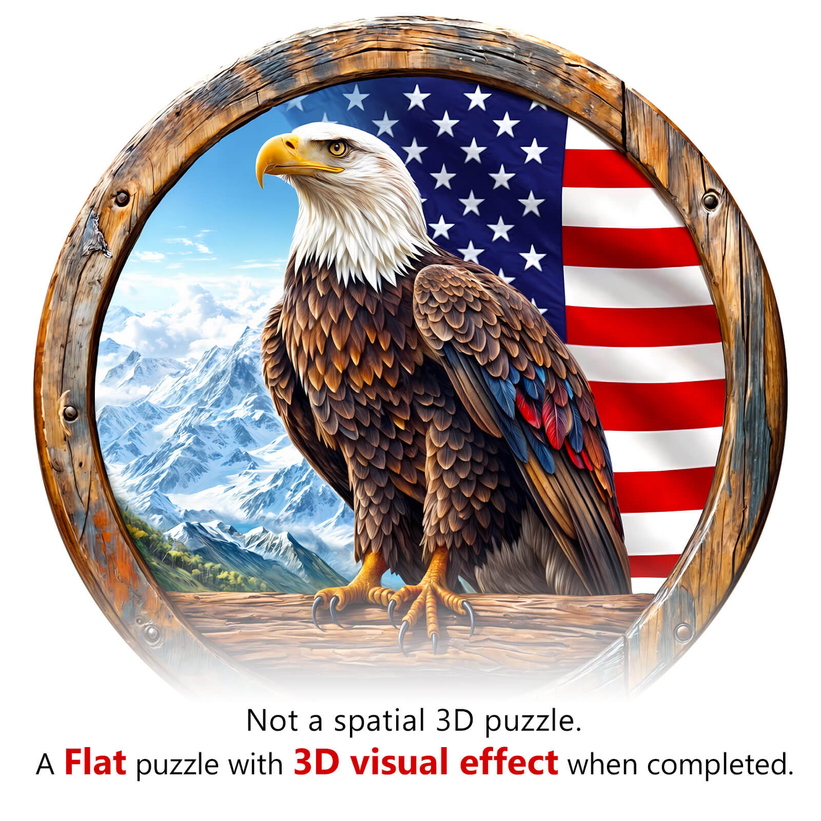 3D Bald Eagle wooden jigsaw puzzle with American flag, offering a stunning visual effect when completed.