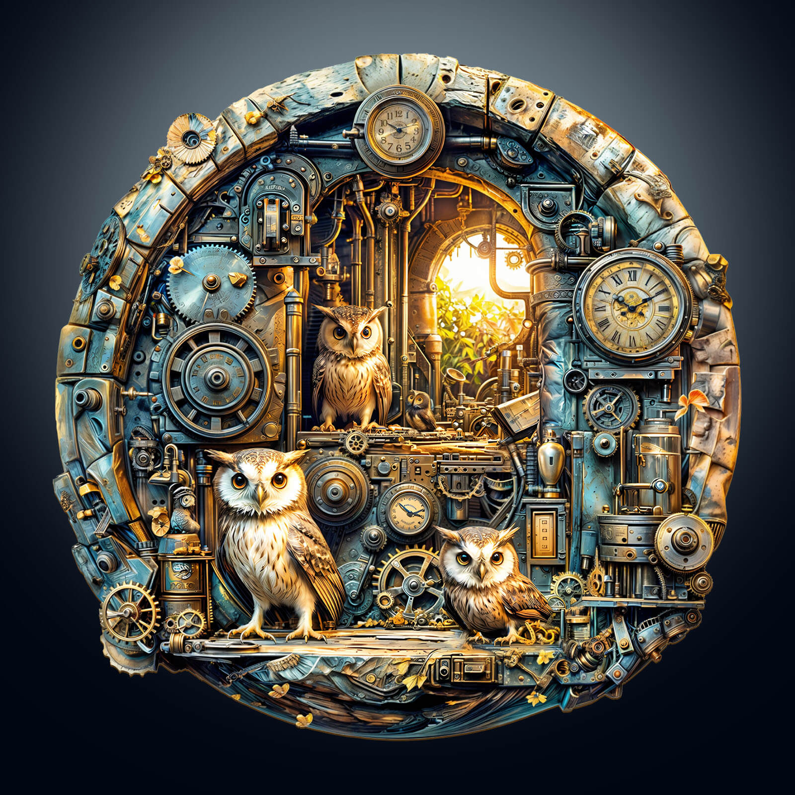 Steampunk Owl wooden jigsaw puzzle featuring intricately designed owls and gears in a vintage style.