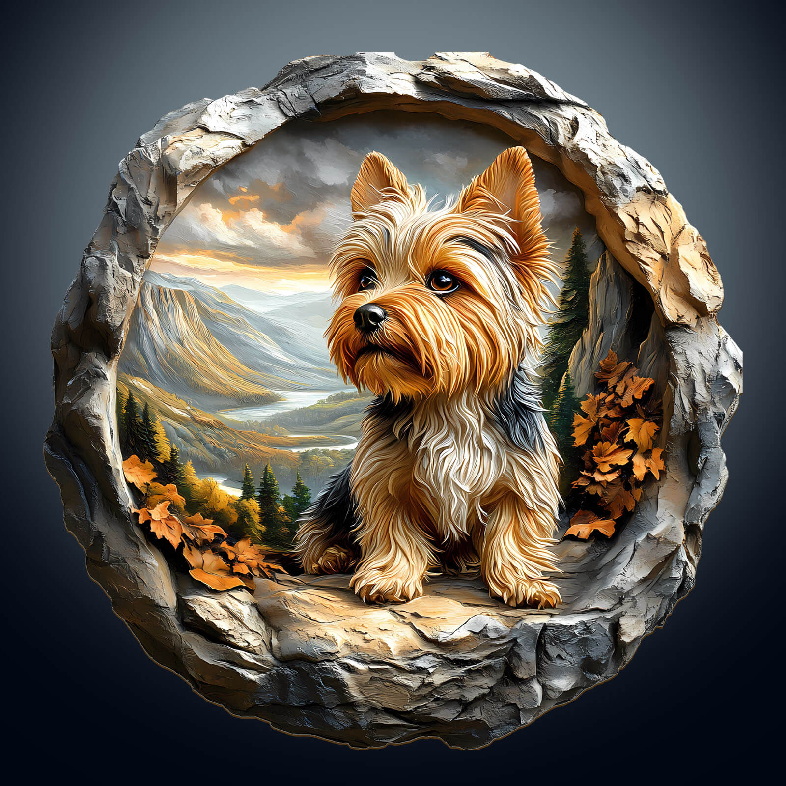 3D Yorkshire terrier dog art piece with scenic landscape background, showcasing vibrant fur and autumn leaves.