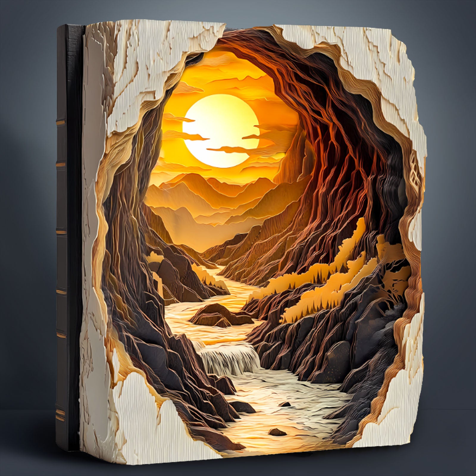 3D Sunset in a Book Wooden Jigsaw Puzzle featuring a serene landscape with a sunset and flowing river.