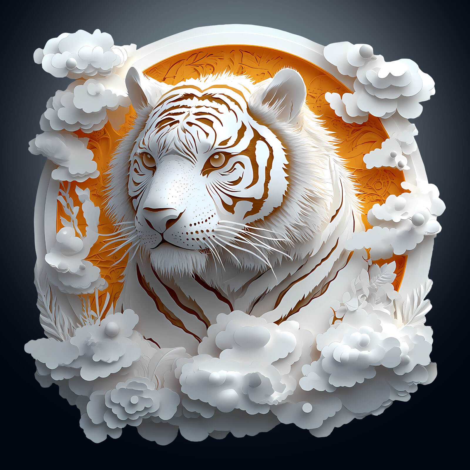3D Paper Tiger jigsaw puzzle design showcasing a majestic tiger surrounded by clouds and flowers, perfect for mind games.