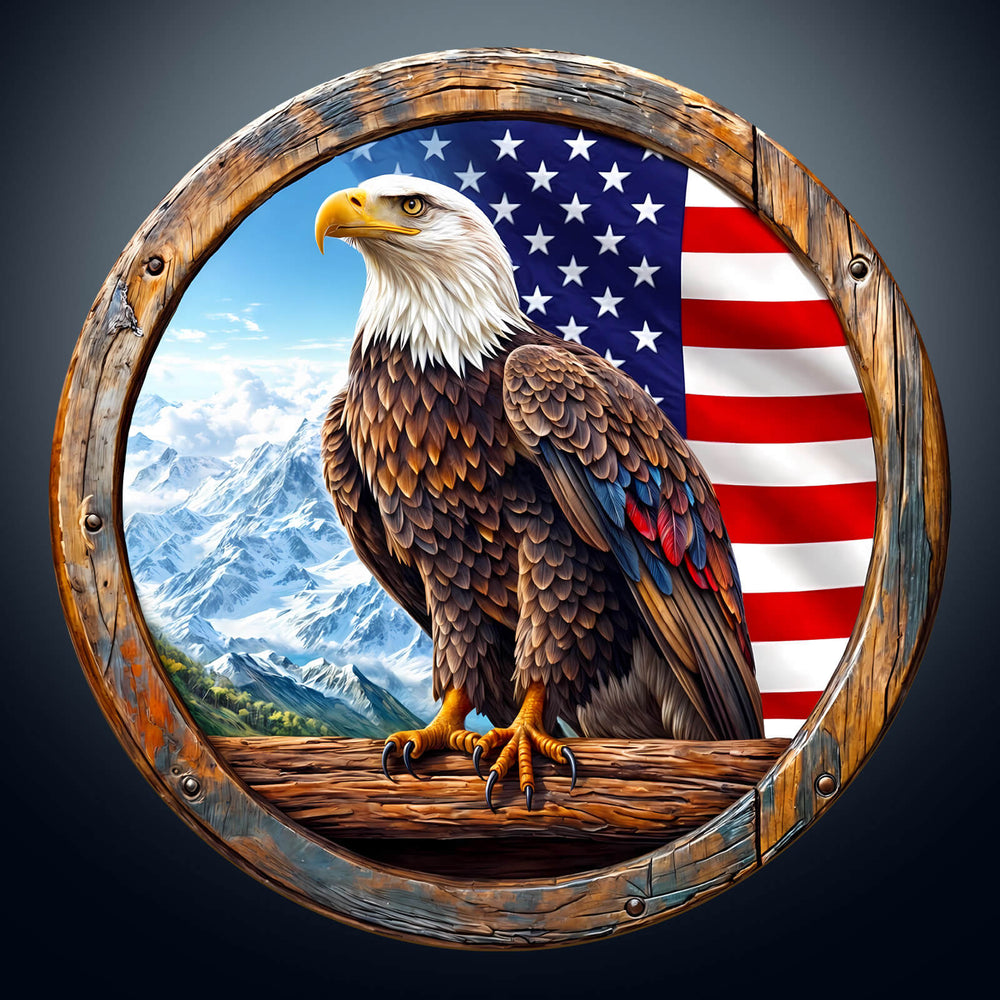 3D Bald Eagle puzzle illustration with American flag backdrop, emphasizing nature and creativity for mind games.
