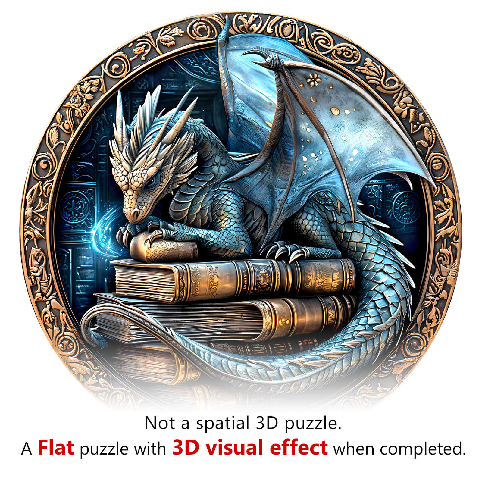 3D Ancient protector wooden jigsaw puzzle featuring a dragon resting on books, enhancing focus and cognitive skills.