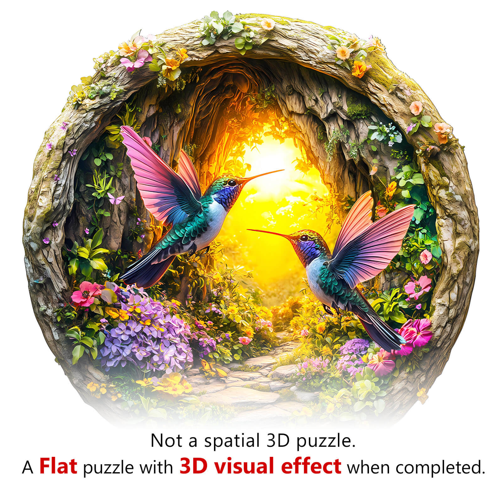 3D Hummingbird in the Cave-1 wooden jigsaw puzzle showcasing vibrant hummingbirds in a floral setting.