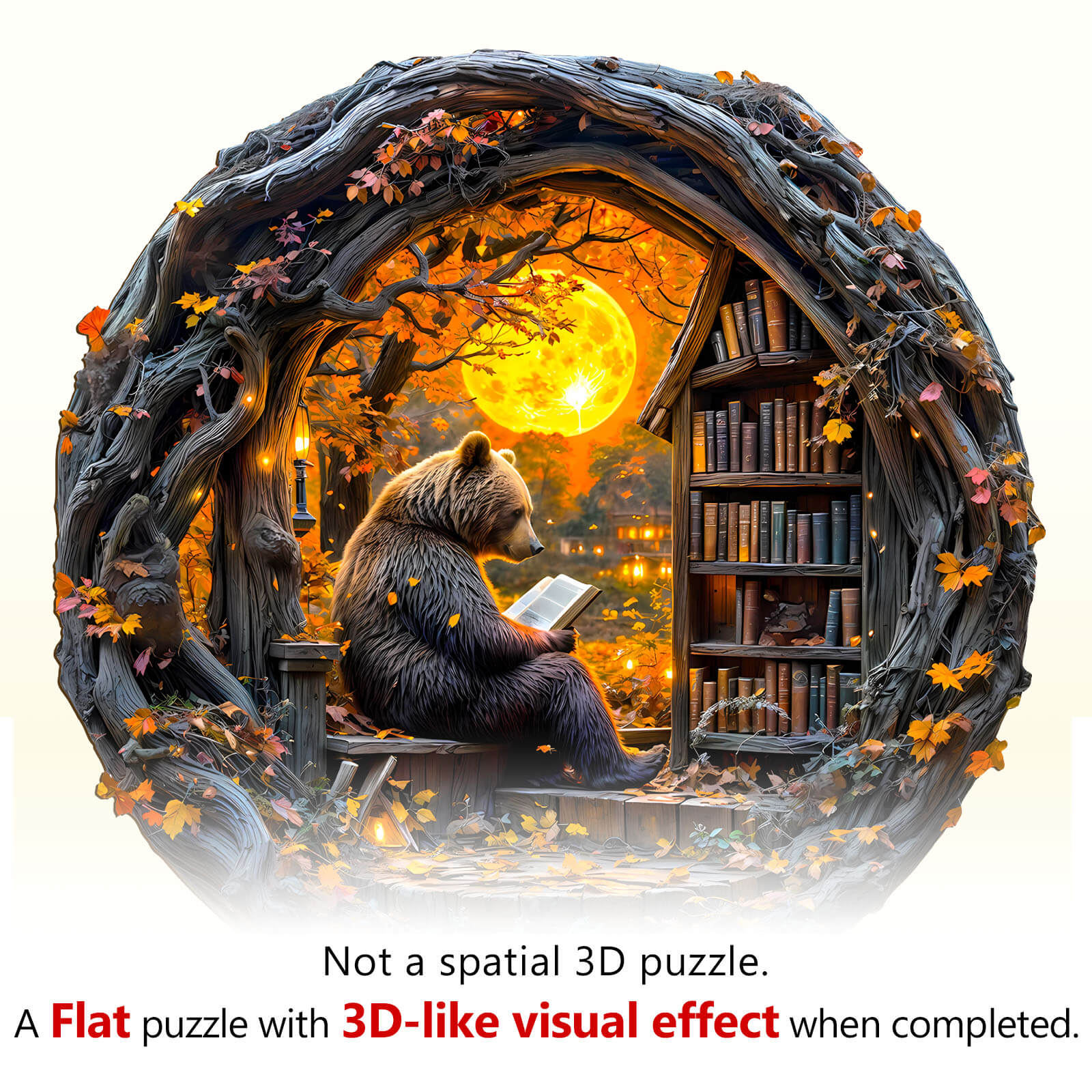Reading bear wooden jigsaw puzzle featuring a bear reading with a 3D-like visual effect in a cozy autumn setting.