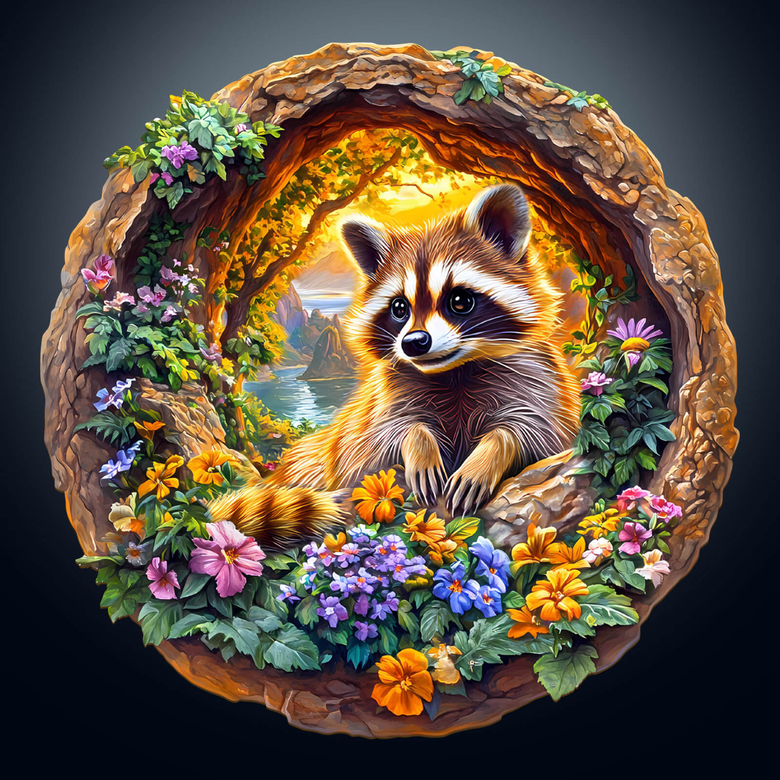 3D raccoon puzzle artwork featuring a raccoon surrounded by flowers and a scenic background.