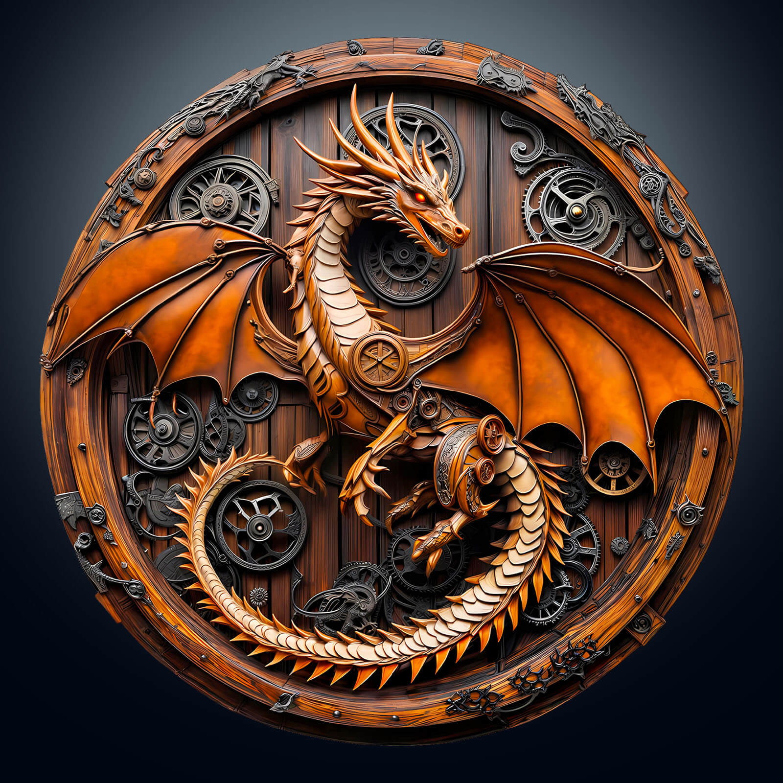 3D Mechanical Dragon-1 wooden jigsaw puzzle featuring intricate gear designs and detailed dragon artwork.