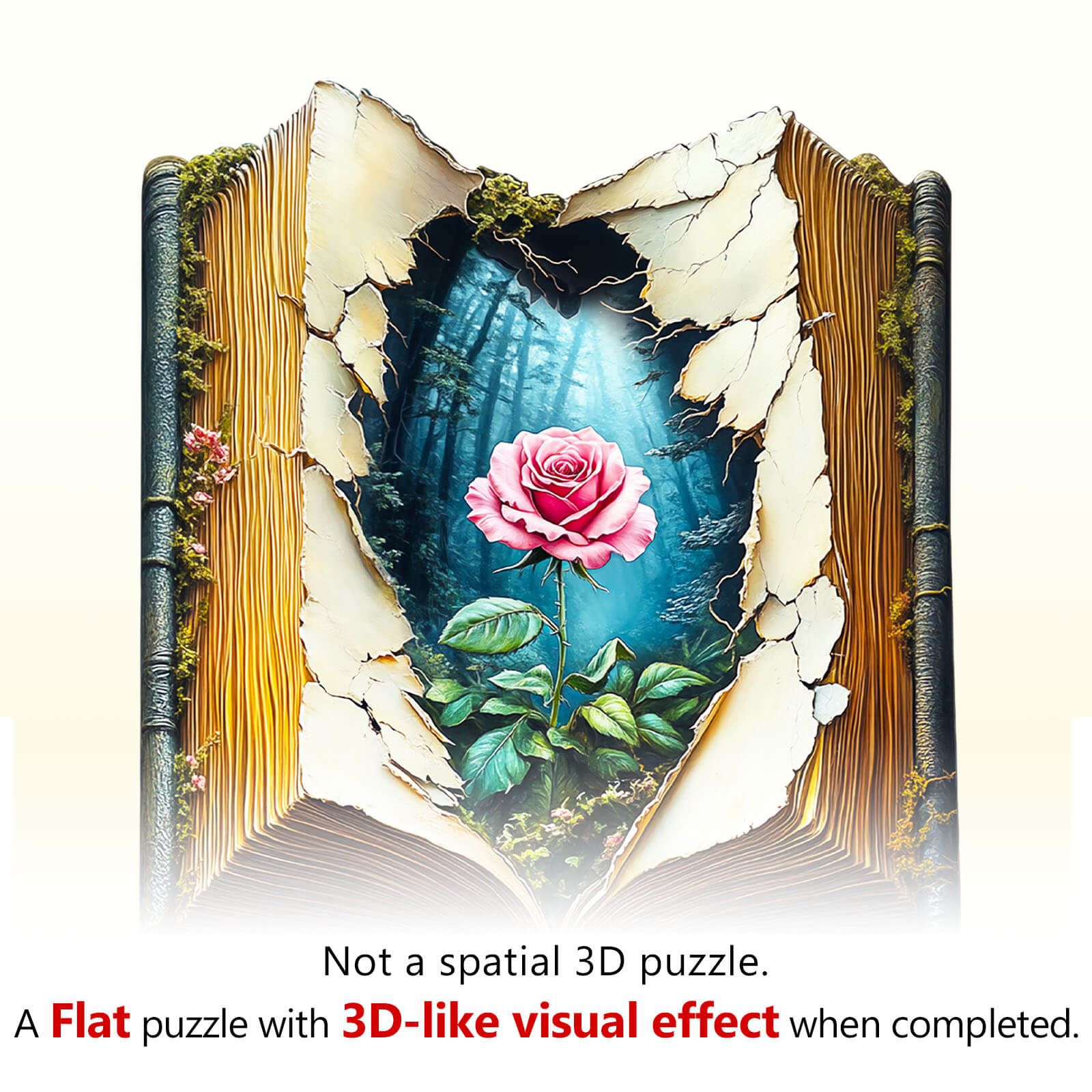 Blooming Story wooden jigsaw puzzle featuring a realistic rose and forest backdrop, designed for engaging mind games.