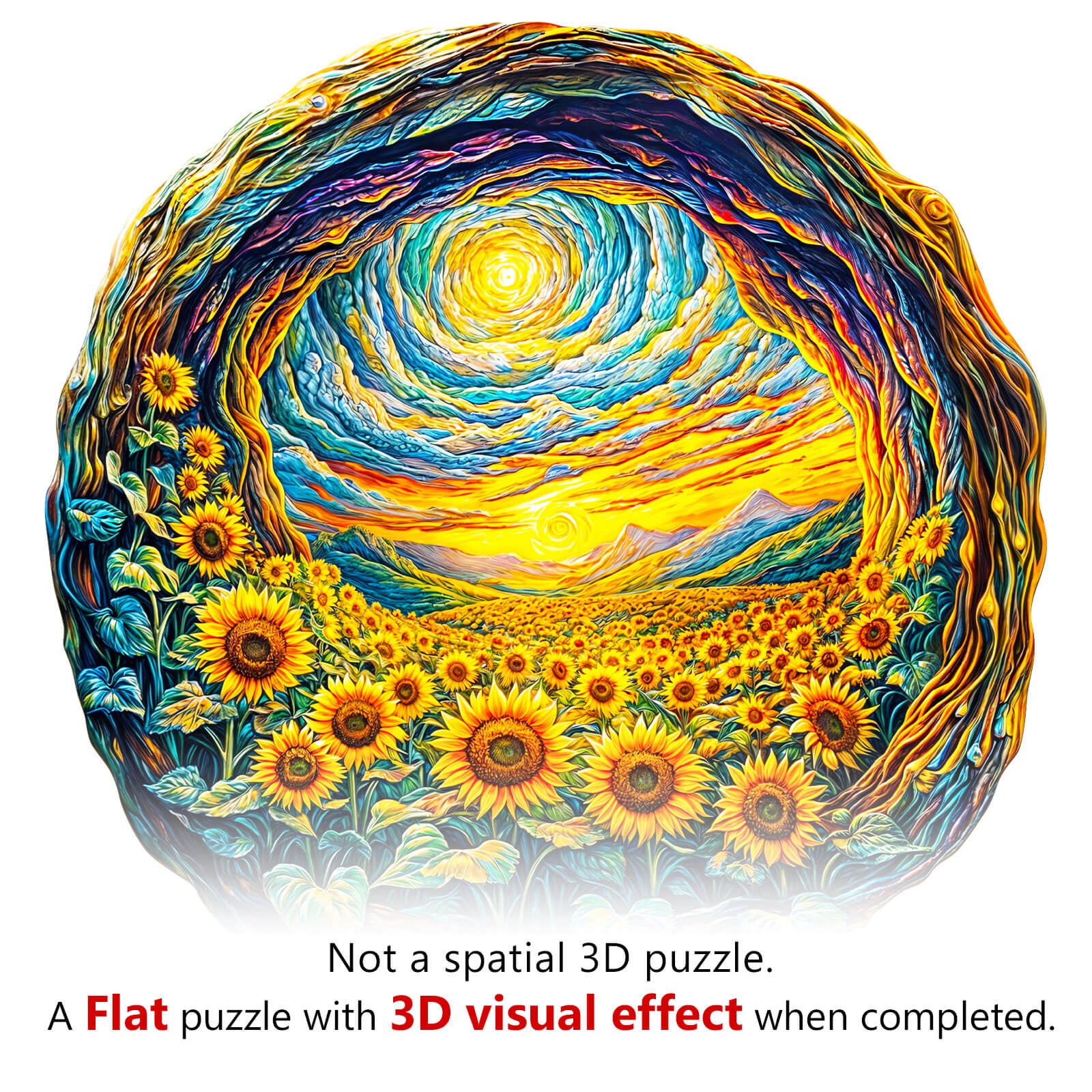 3D Sunlit Fields Wooden Jigsaw Puzzle showcasing vibrant sunflowers and a swirling sky, delivering a unique 3D visual effect.