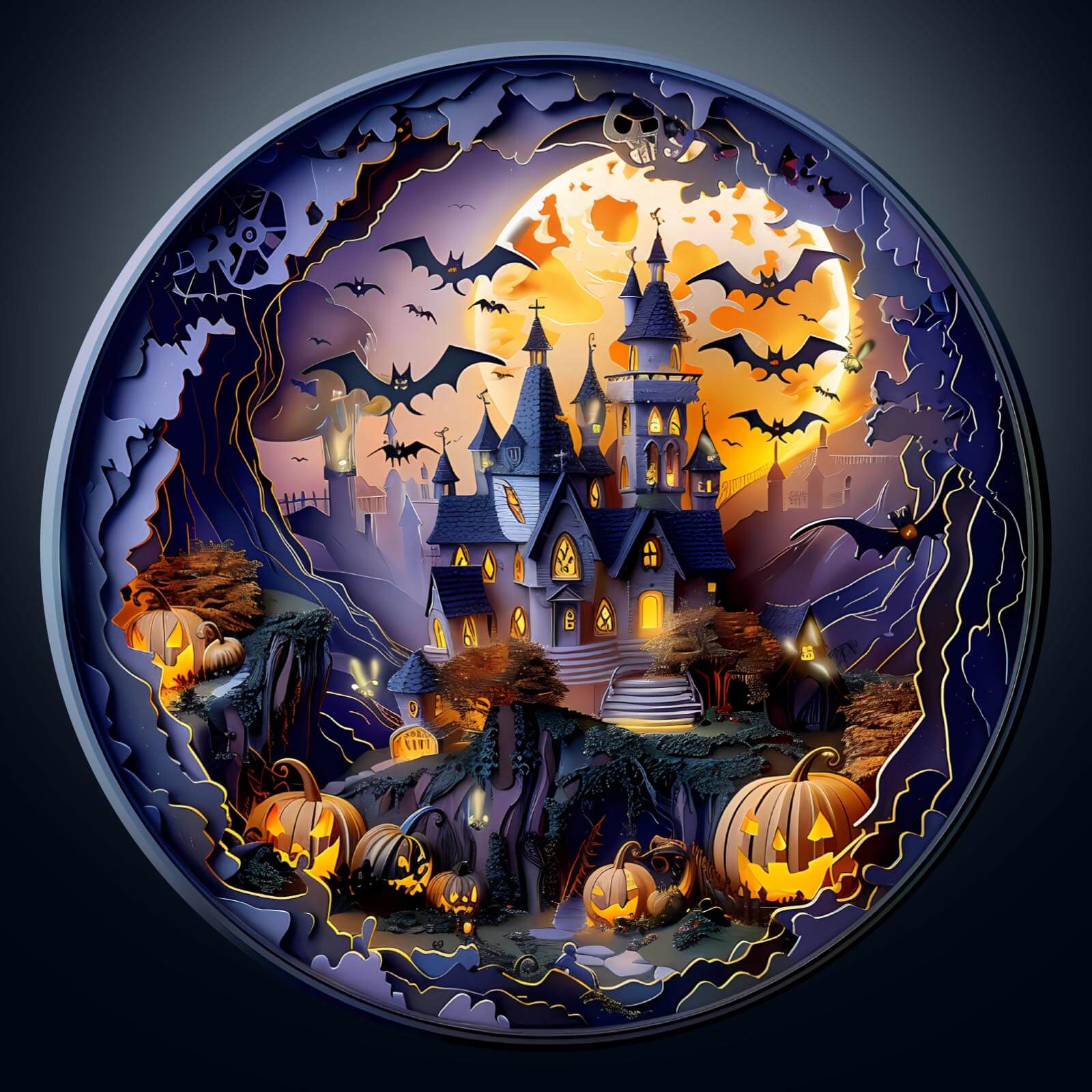 3D Halloween Castle-2 wooden jigsaw puzzle with bats and pumpkins, perfect for mind games and family fun.