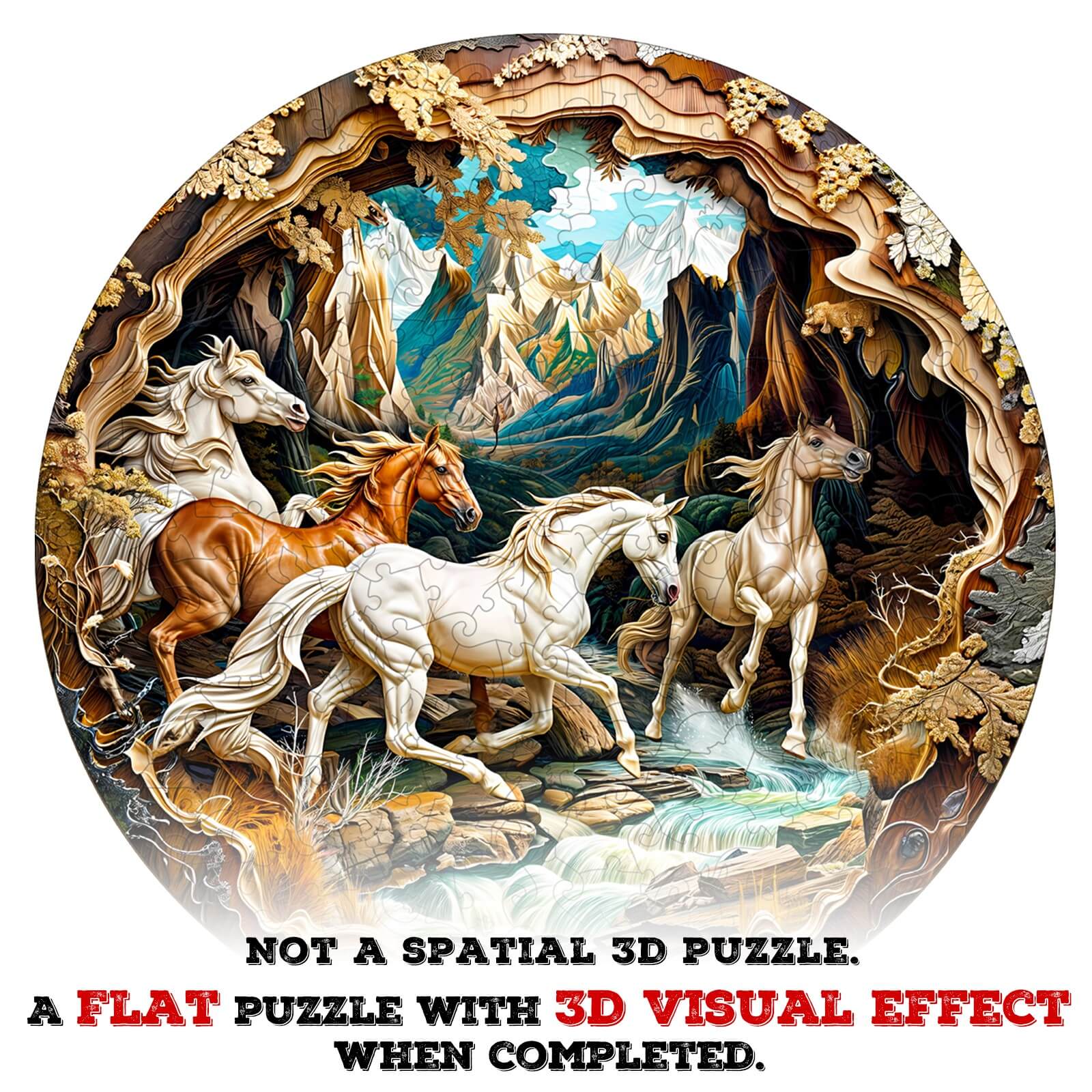 3D Horse wooden jigsaw puzzle featuring vibrant horses and scenic mountain background with 3D visual effect when completed.