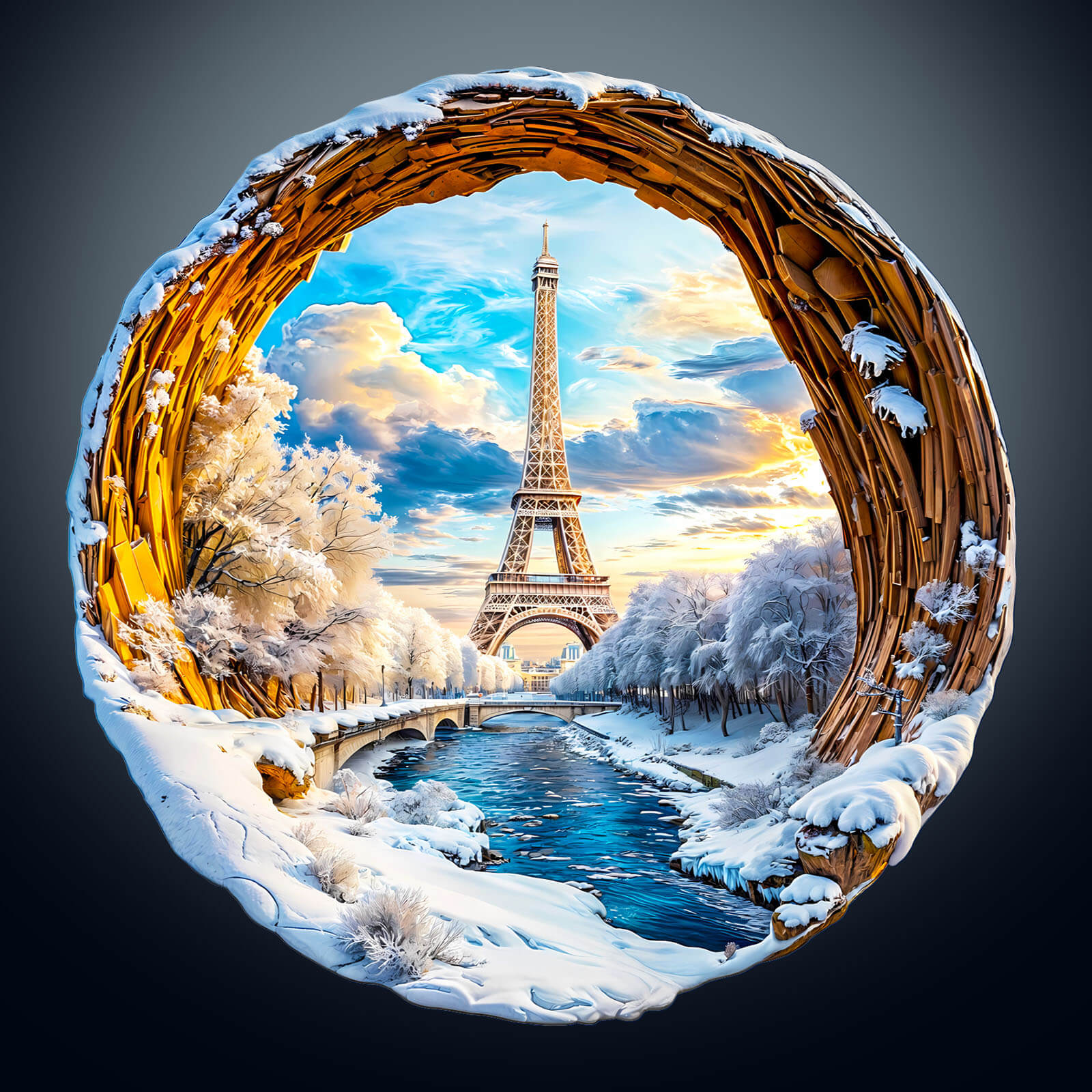 3D Four Seasons in Paris wooden jigsaw puzzle featuring the Eiffel Tower in a snowy landscape.