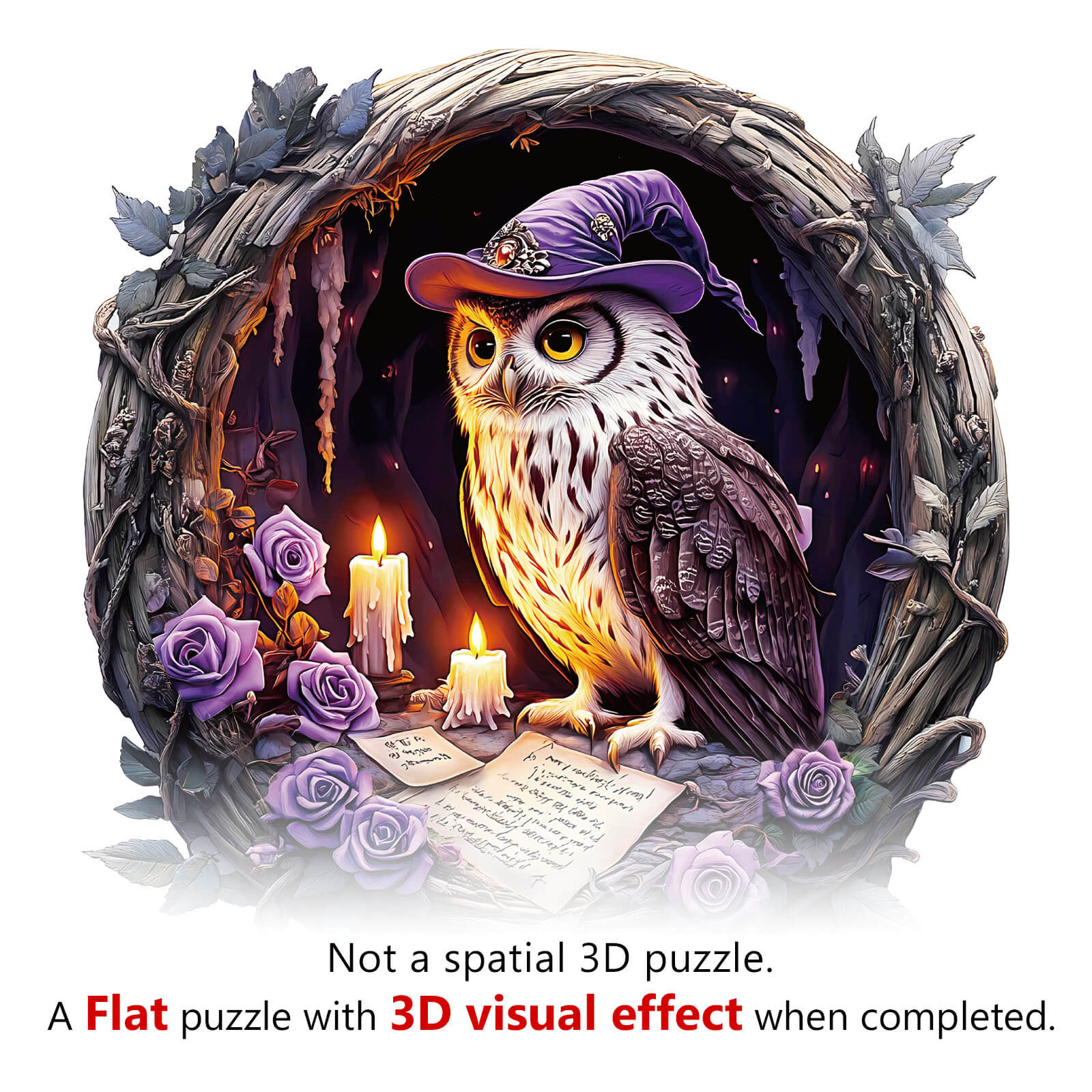 3D Witch Owl Wooden Jigsaw Puzzle featuring an owl in a witch hat, surrounded by roses and candles, showcasing a 3D visual effect.