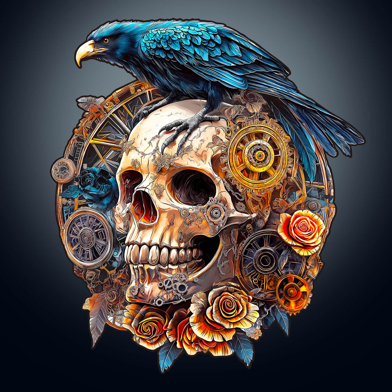 3D Mechanical Skull & Raven Wooden Jigsaw Puzzle, featuring intricate details, gears, and vibrant roses for a unique puzzle experience.