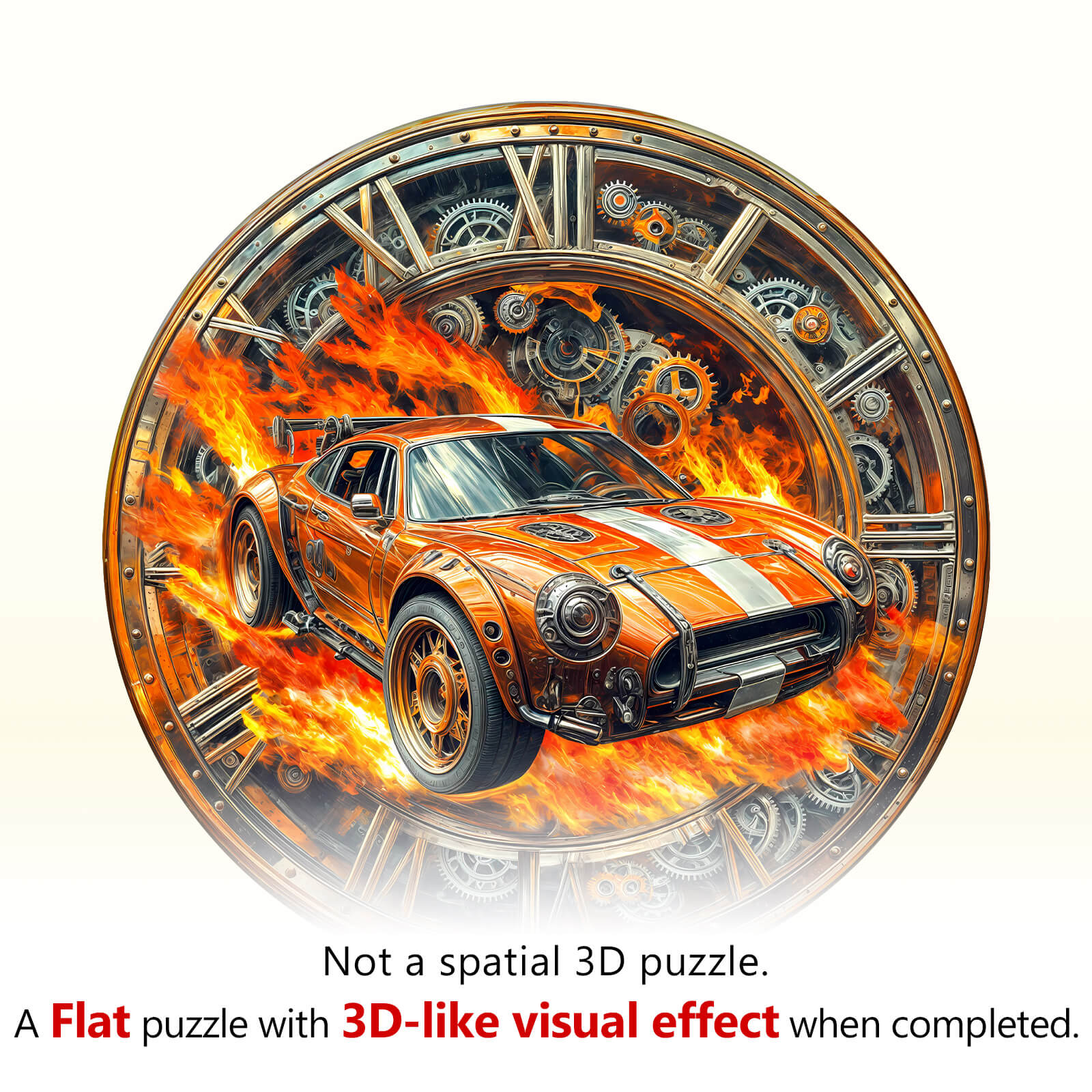 Blazing Speed Wooden Jigsaw Puzzle featuring a fiery racing car in a clock-themed design, offering a 3D-like visual effect.