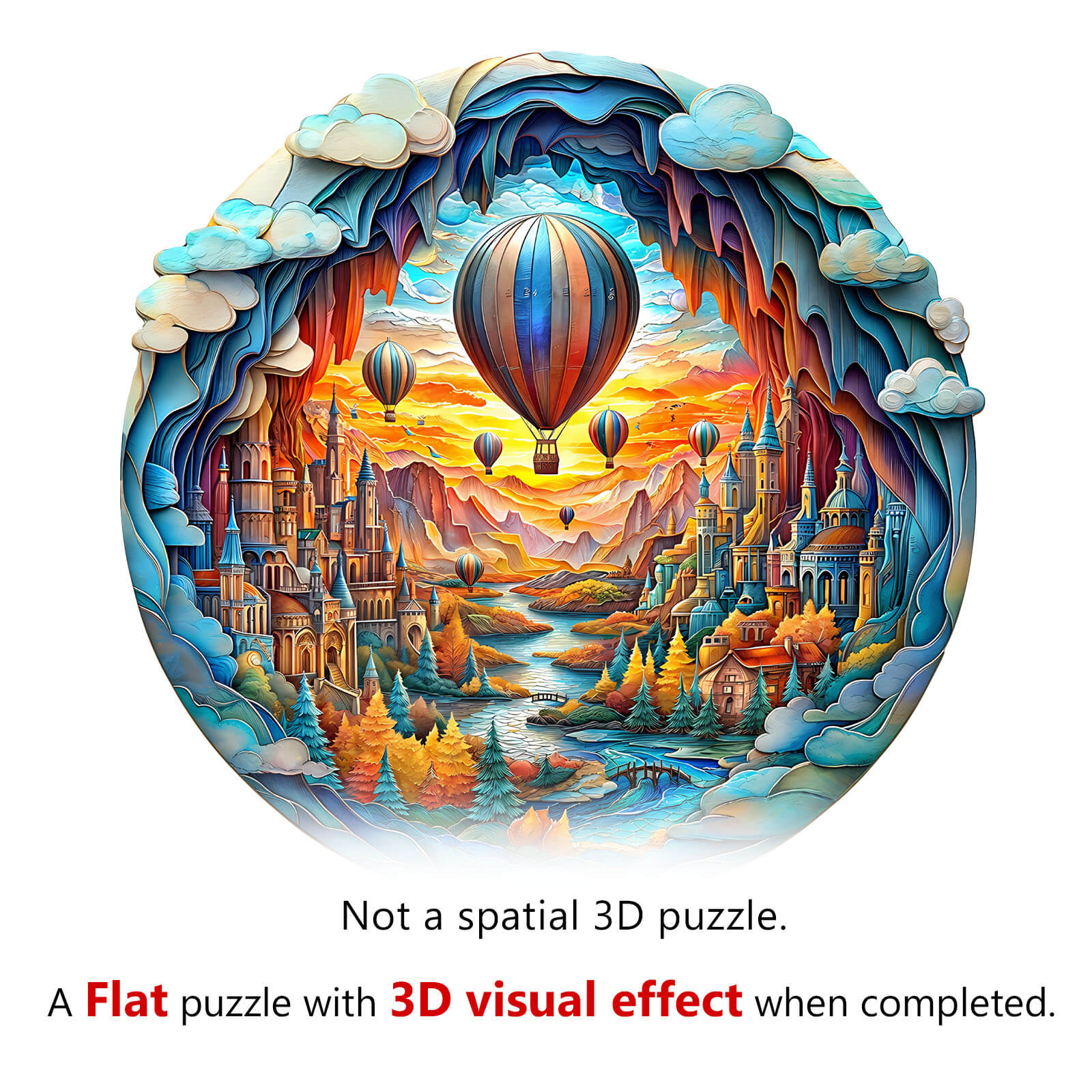 3D Balloon town wooden jigsaw puzzle featuring colorful balloons and a vibrant landscape, promoting focus and cognitive skills.