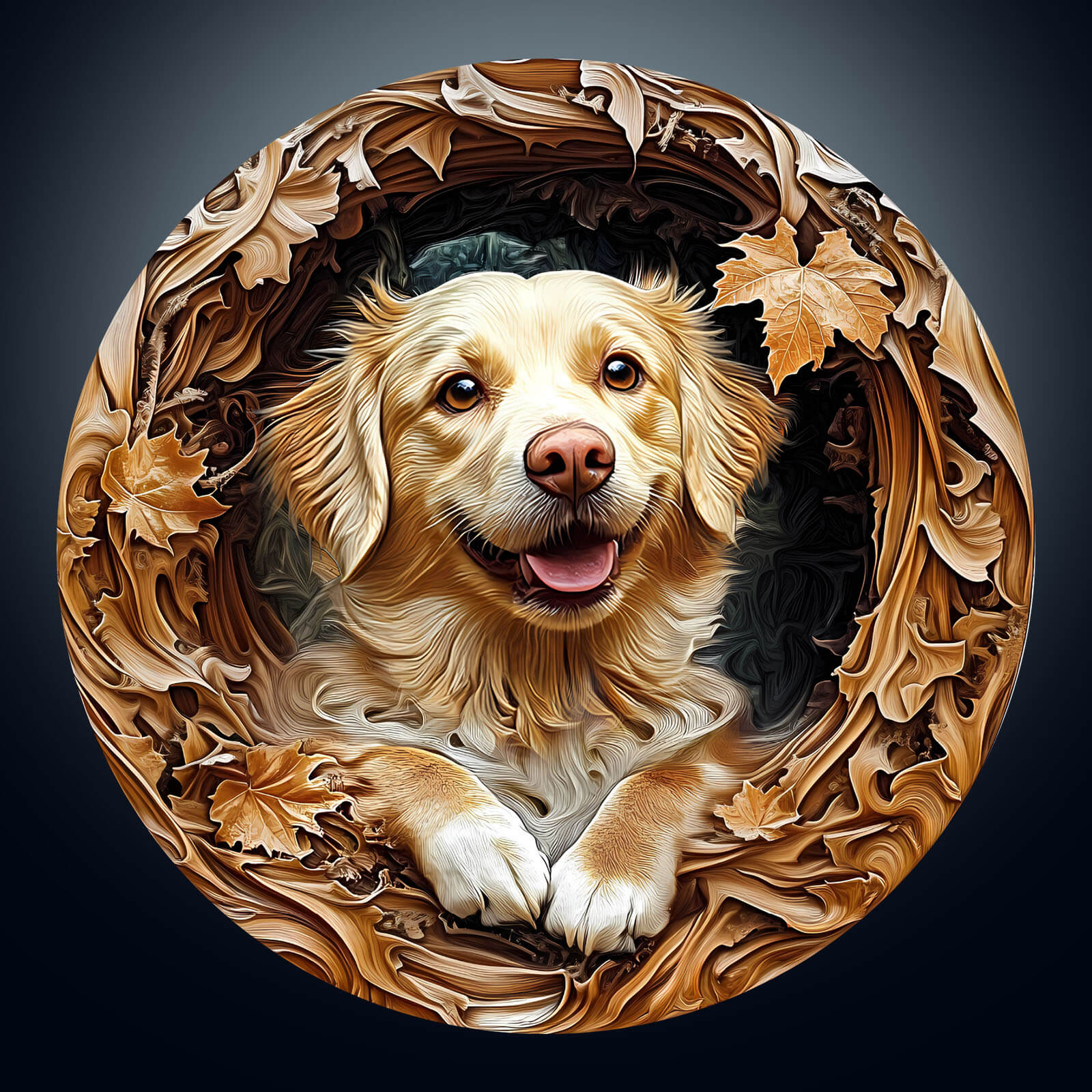 3D Golden Retriever-2 jigsaw puzzle image featuring a cheerful dog surrounded by autumn leaves.