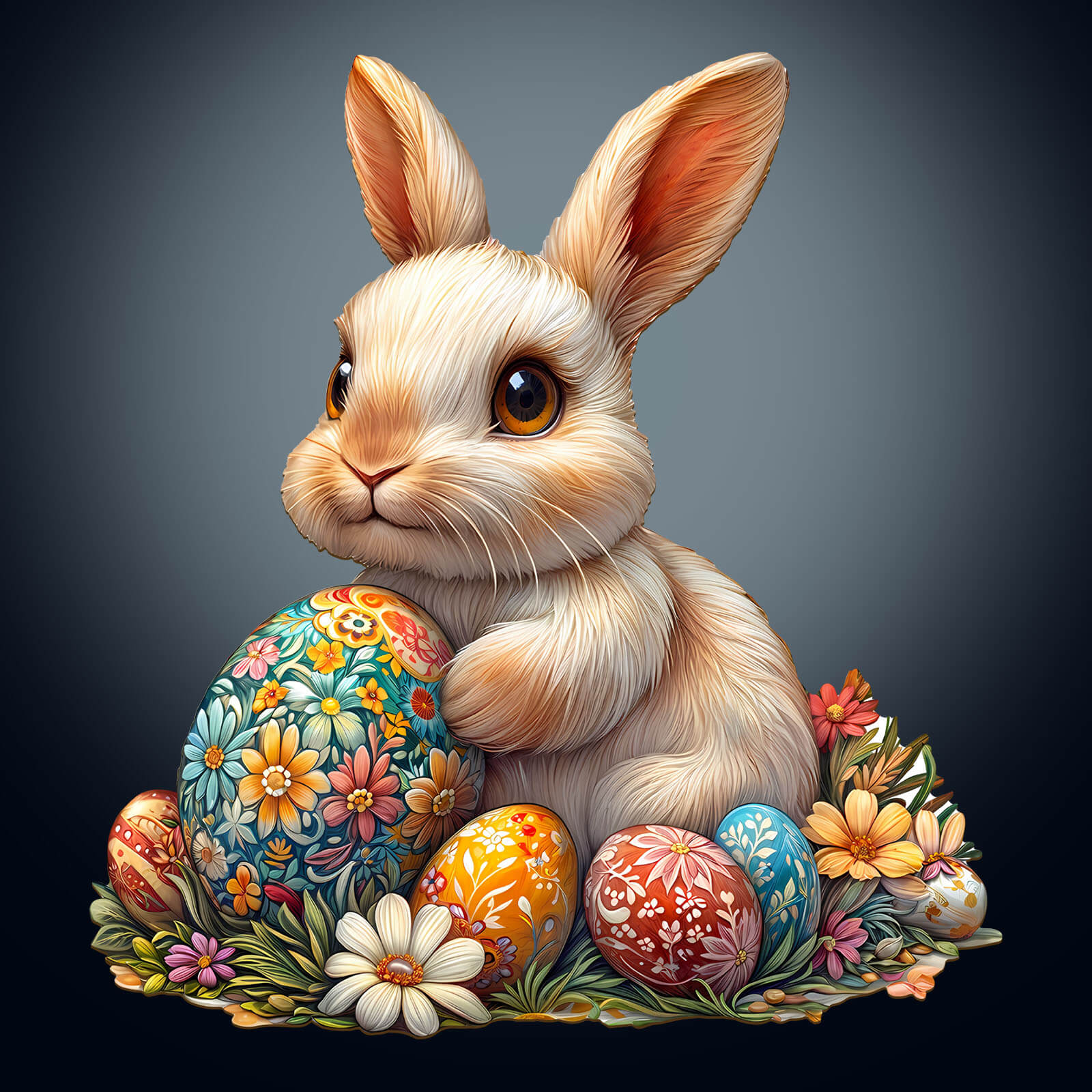 3D Wonderful Easter bunny jigsaw puzzle featuring a fluffy bunny and colorful floral Easter eggs.