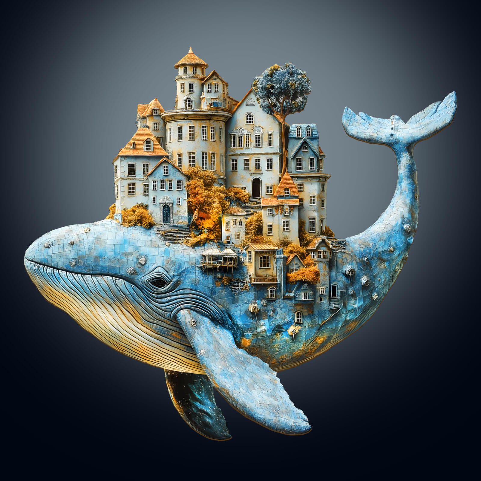 3D Whale City wooden jigsaw puzzle featuring colorful houses on a whale, designed for puzzle enthusiasts and brain games.