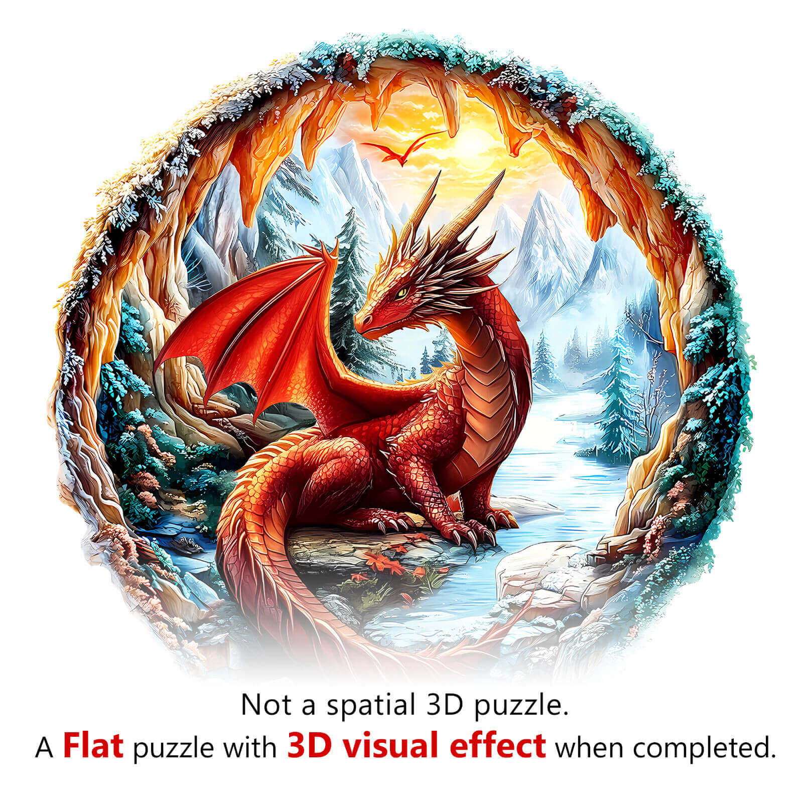 Flat jigsaw puzzle with 3D visual effect featuring a red dragon in a snowy landscape.
