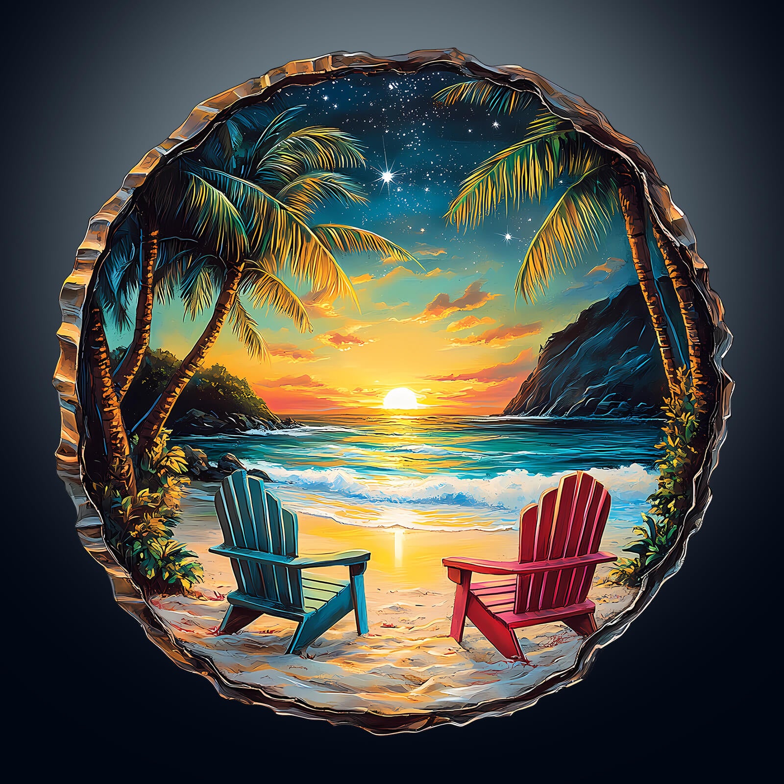 3D Sunset Beach wooden jigsaw puzzle featuring vibrant palm trees and colorful chairs by the ocean.