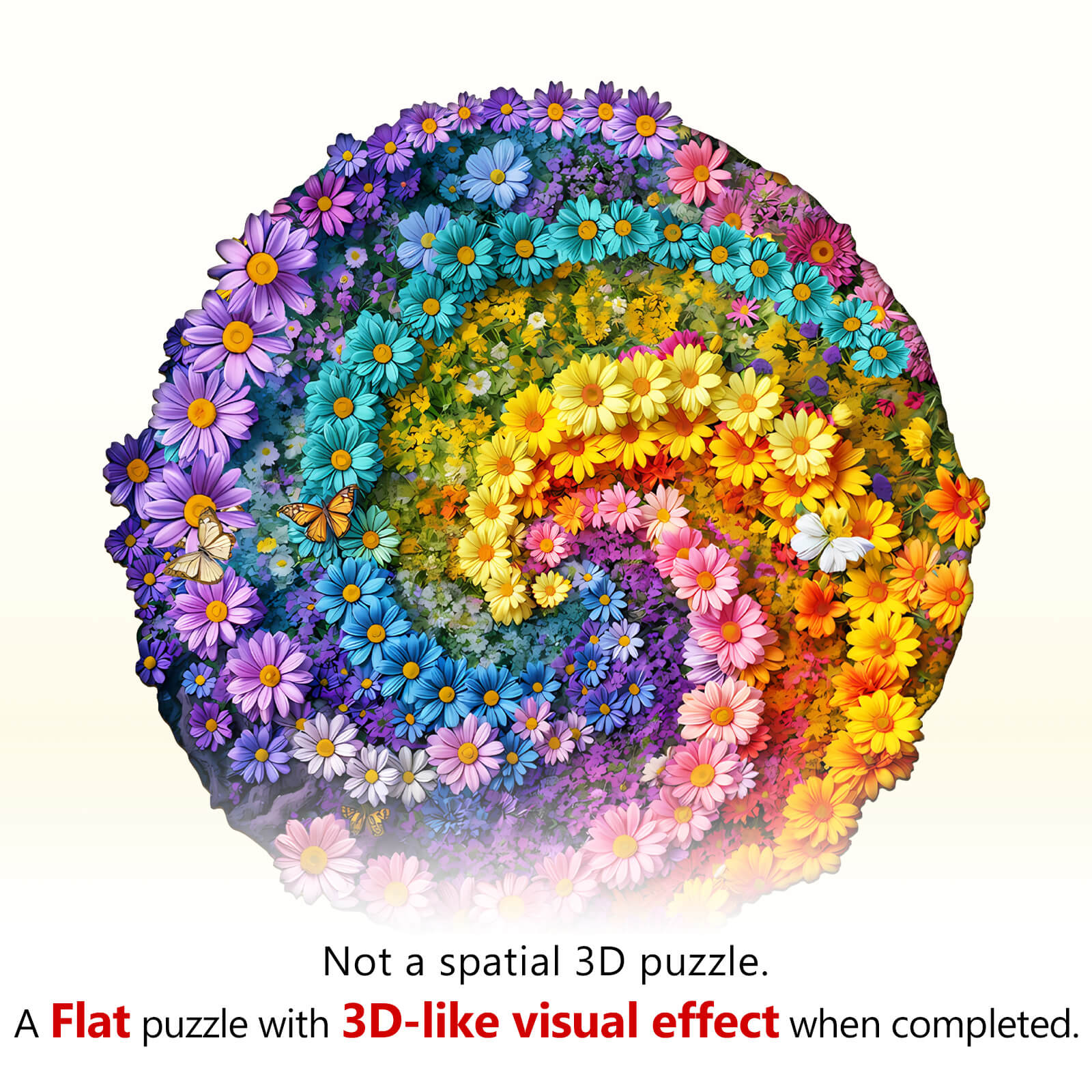 Sea of Flowers Wooden Jigsaw Puzzle showcasing a vibrant floral spiral design with a 3D-like visual effect.