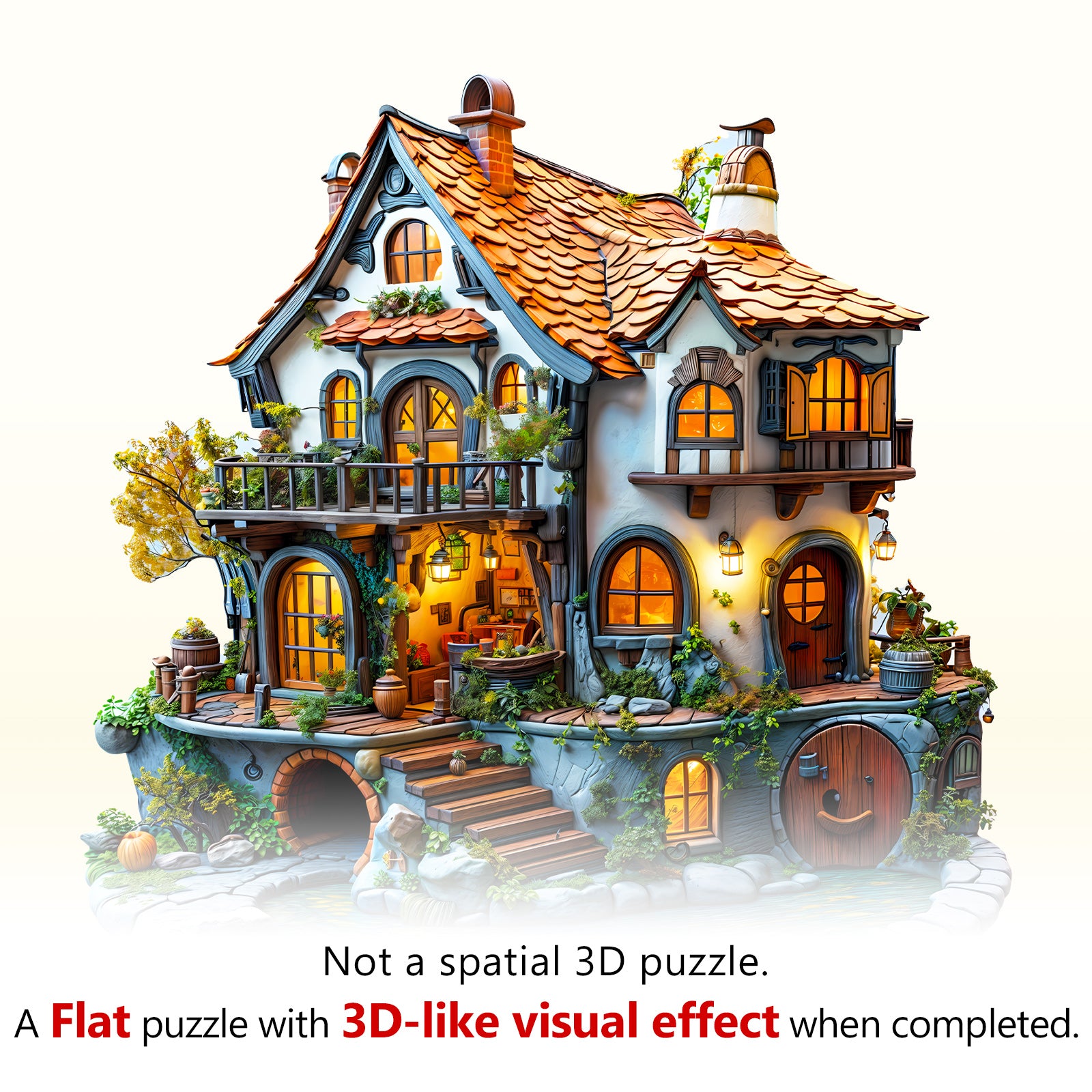3D Glow Cottage Wooden Jigsaw Puzzle with vibrant colors and a 3D-like visual effect when completed.