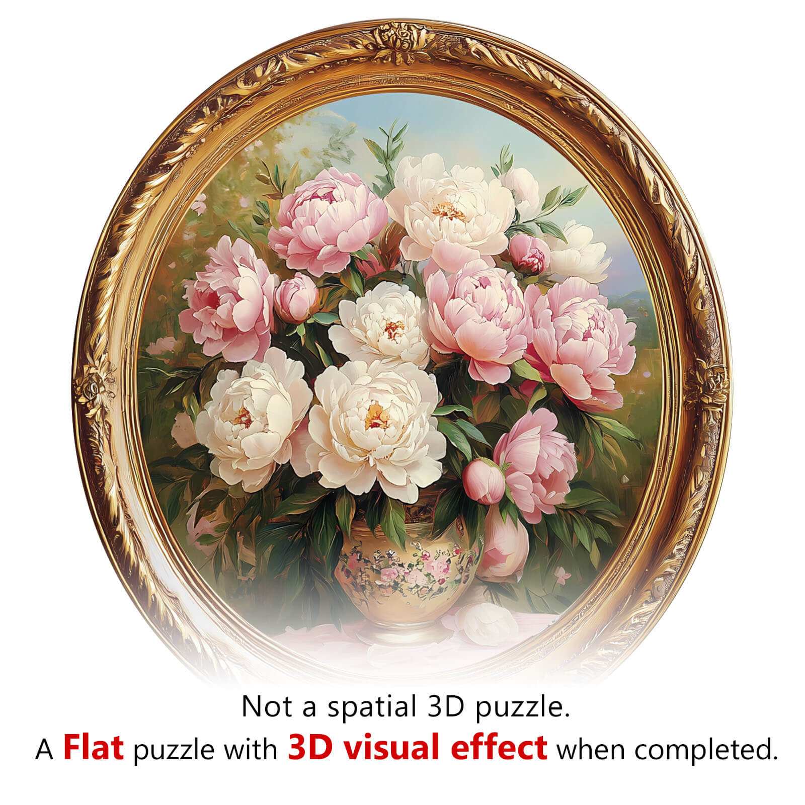 Floral 3D visual effect jigsaw puzzle featuring peonies in an ornate gold frame, highlighting a beautiful spring scene.