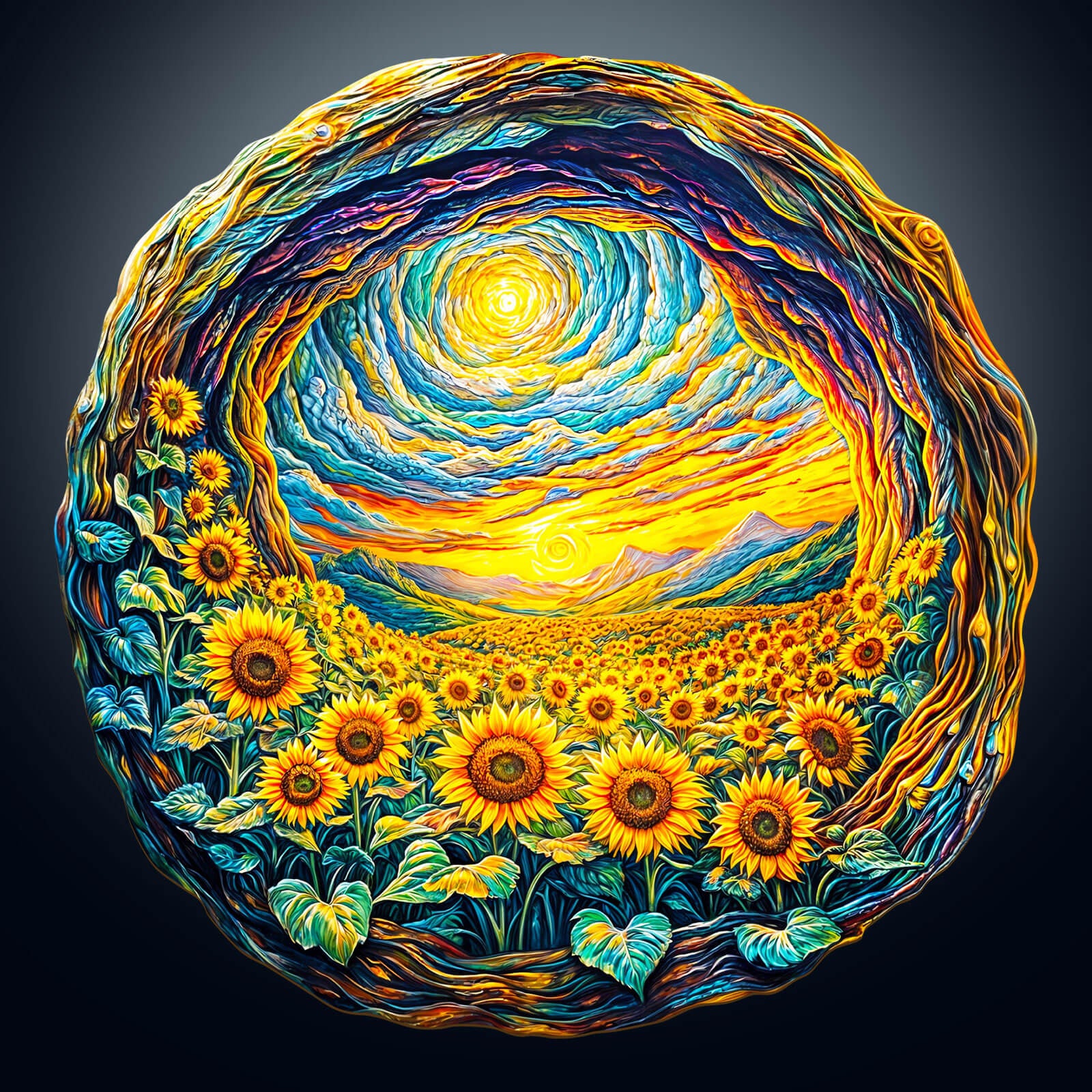 3D Sunlit Fields Wooden Jigsaw Puzzle featuring vibrant sunflowers, a scenic sky, and a picturesque landscape design.