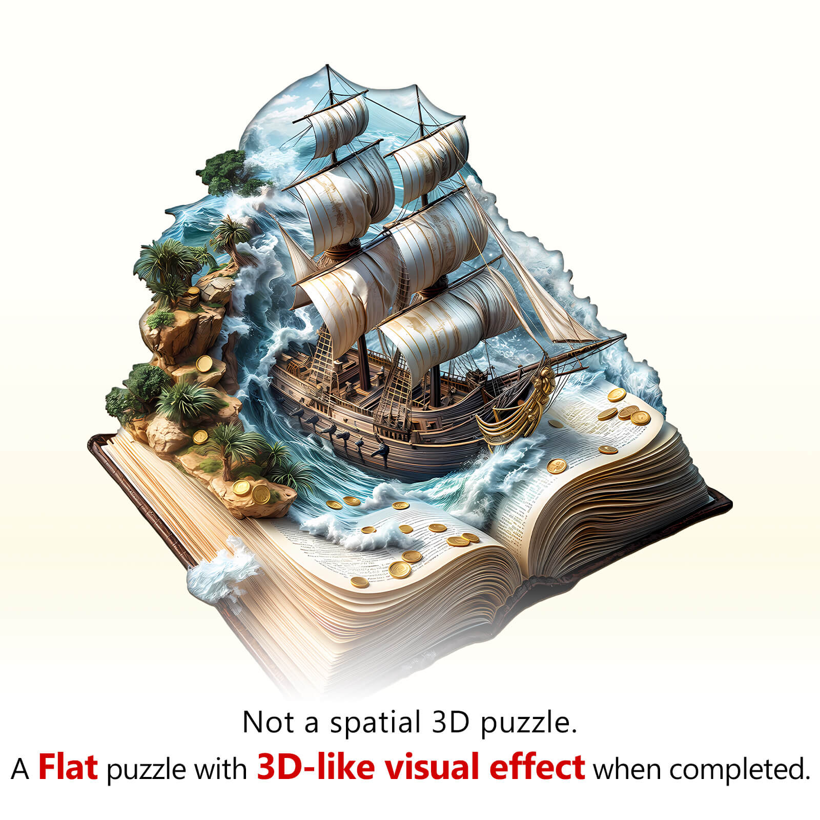 Sailing Adventure Wooden Jigsaw Puzzle showcasing a ship on waves, creating a 3D-like visual effect when completed.