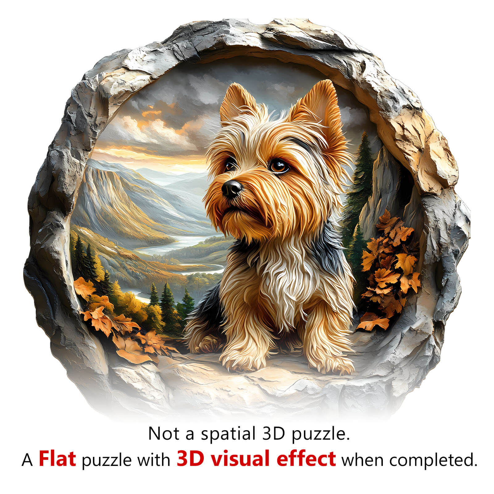 3D Yorkshire wooden jigsaw puzzle featuring a detailed illustration of a Yorkshire Terrier surrounded by nature.