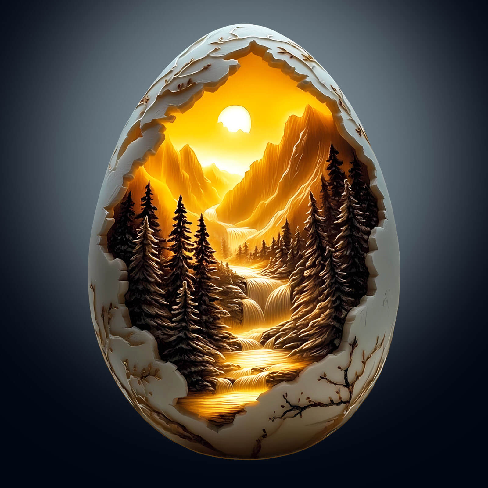3D Eggshell World-1 puzzle showcasing a scenic mountain landscape with a waterfall and forest, enhancing focus and creativity.