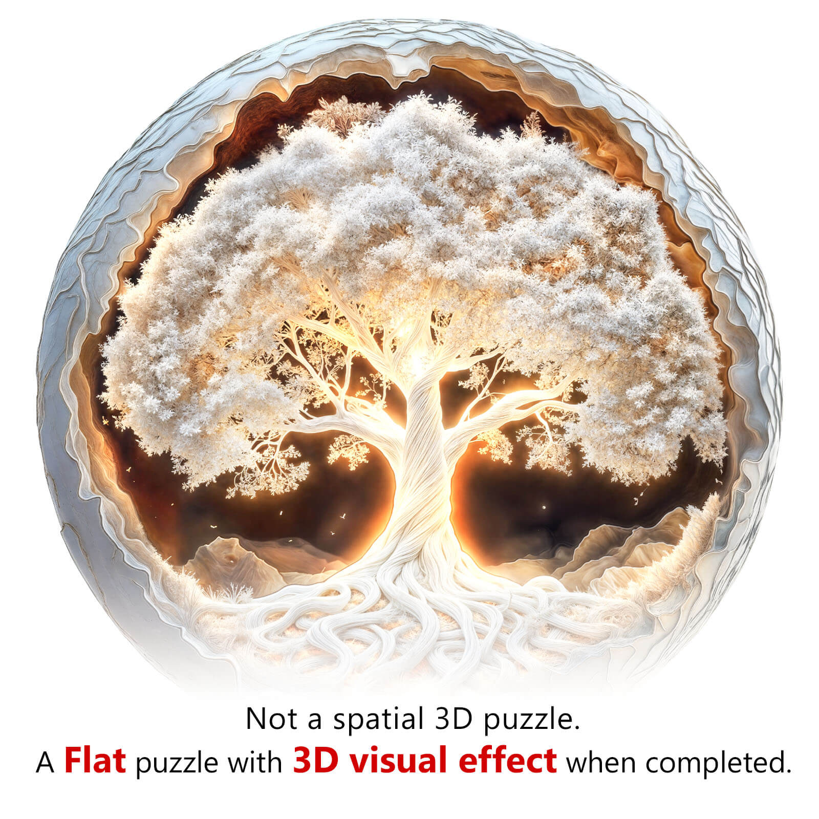 3D glowing tree of life wooden puzzle showcasing intricate branches, roots, and luminous accents after assembly.