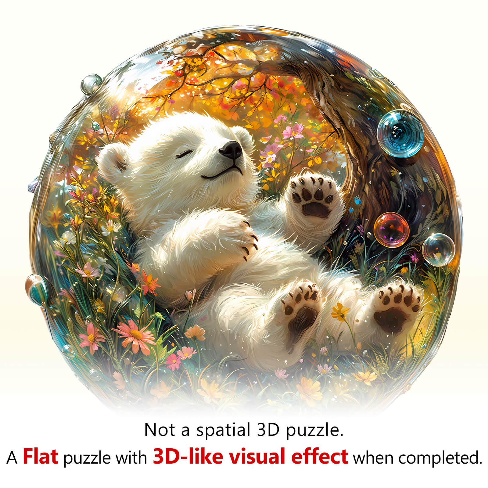 Bubble bear jigsaw puzzle featuring a cute bear in a colorful floral scene, designed for fun and cognitive growth.