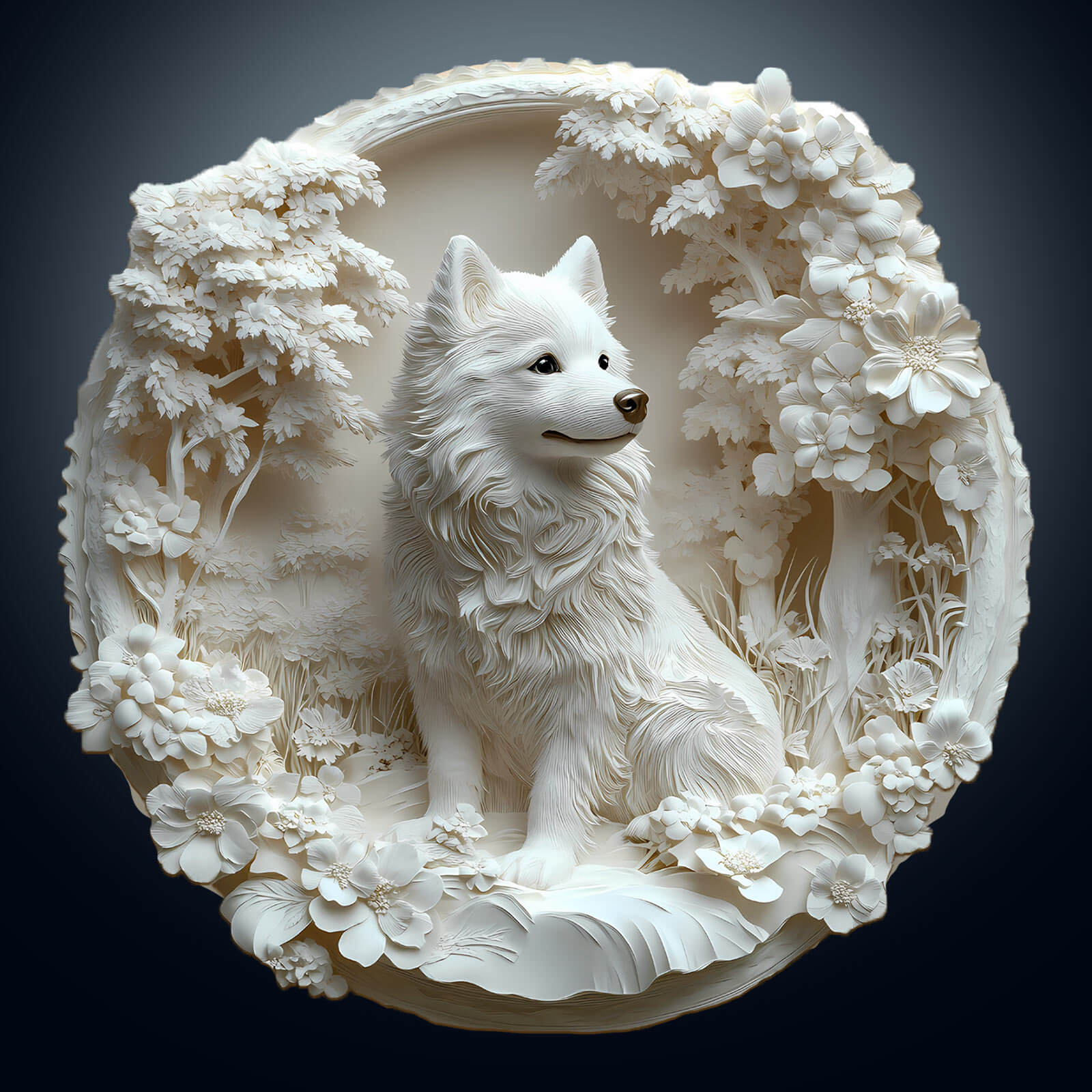 3D Paper Samoyed wooden jigsaw puzzle surrounded by flowers, ideal for mind games and enhancing focus.