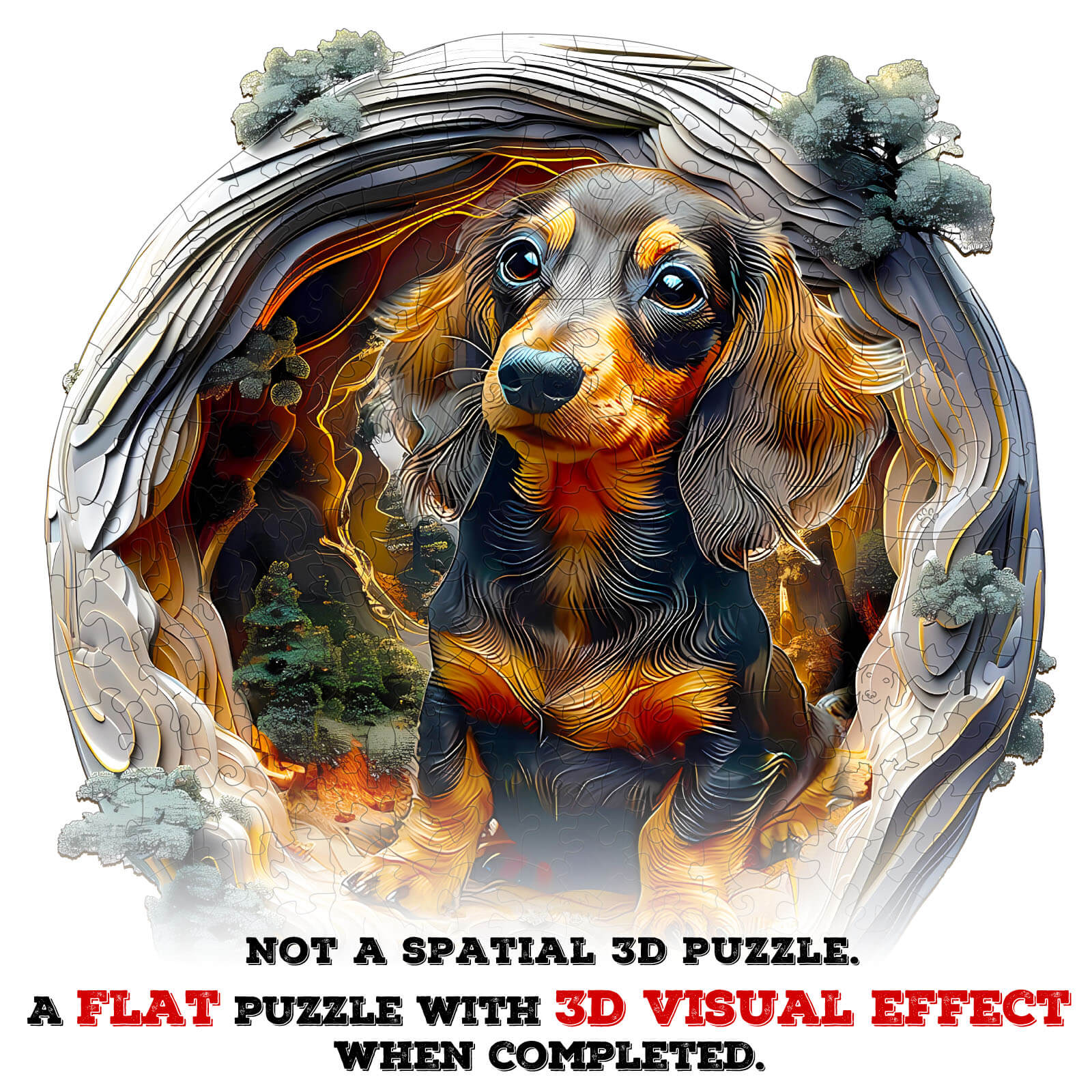 3D Dachshund wooden jigsaw puzzle showcasing a flat design with a striking 3D visual effect when completed.