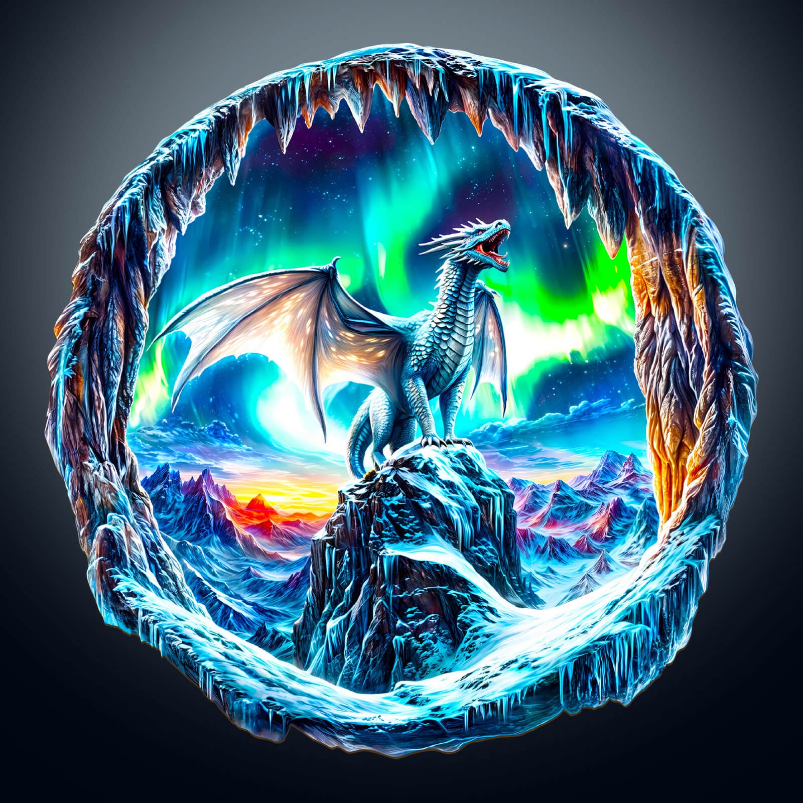 3D wooden jigsaw puzzle featuring a frost dragon atop a mountain under the northern lights, with vibrant colors and glow-in-the-dark accents.