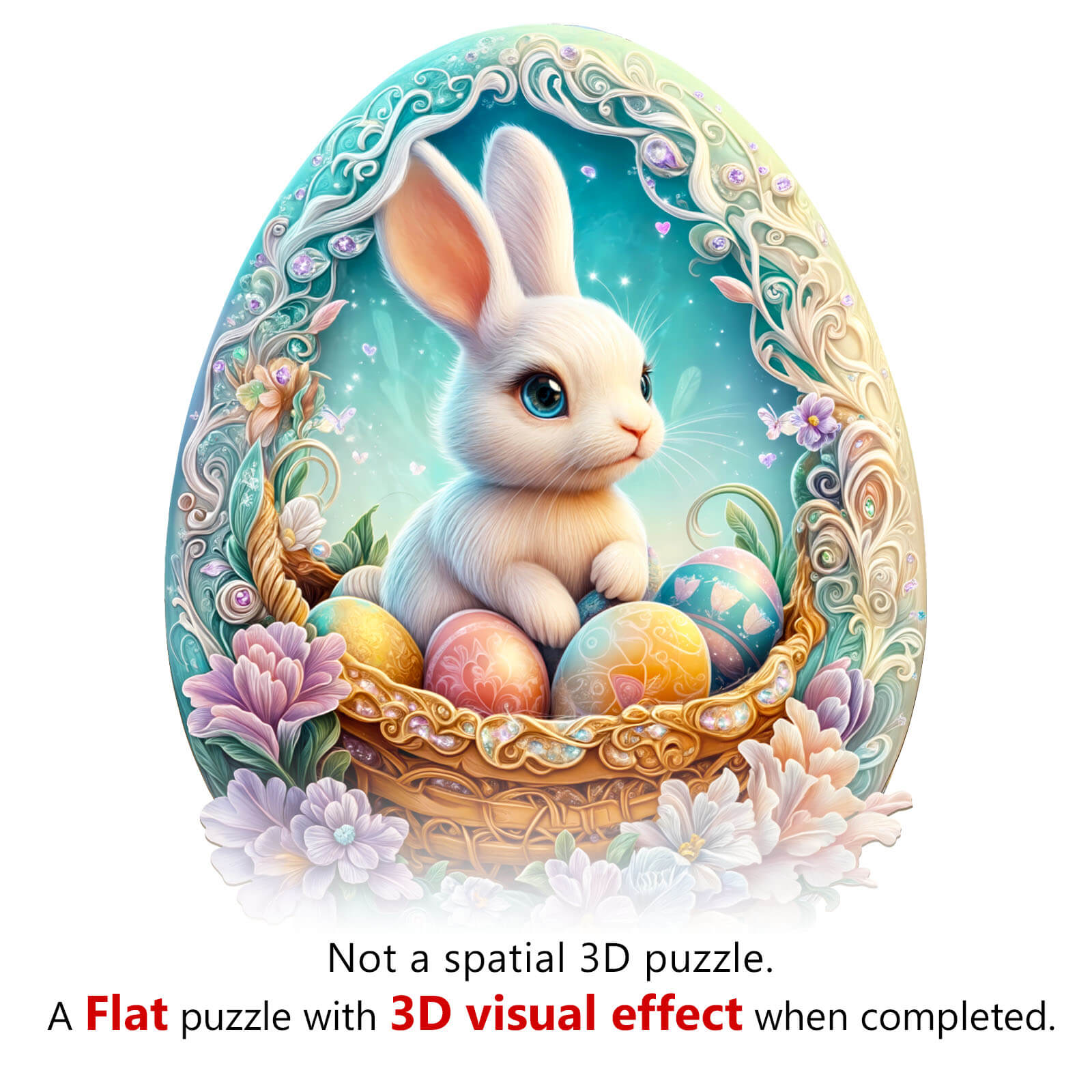 Wonderland Easter-2 wooden jigsaw puzzle featuring a cute bunny and colorful eggs in a floral basket.