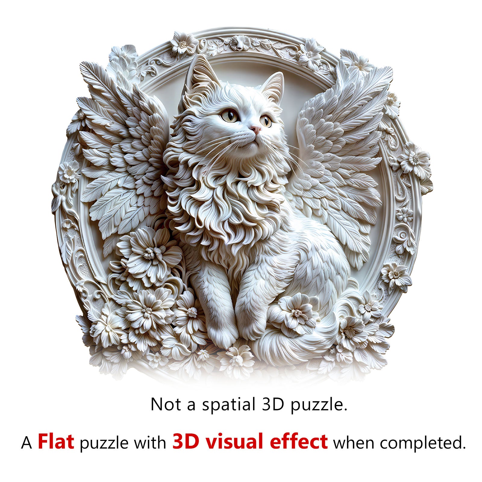 3D angel cat wooden jigsaw puzzle featuring a cat with wings and floral details, designed for enhanced focus and fun.