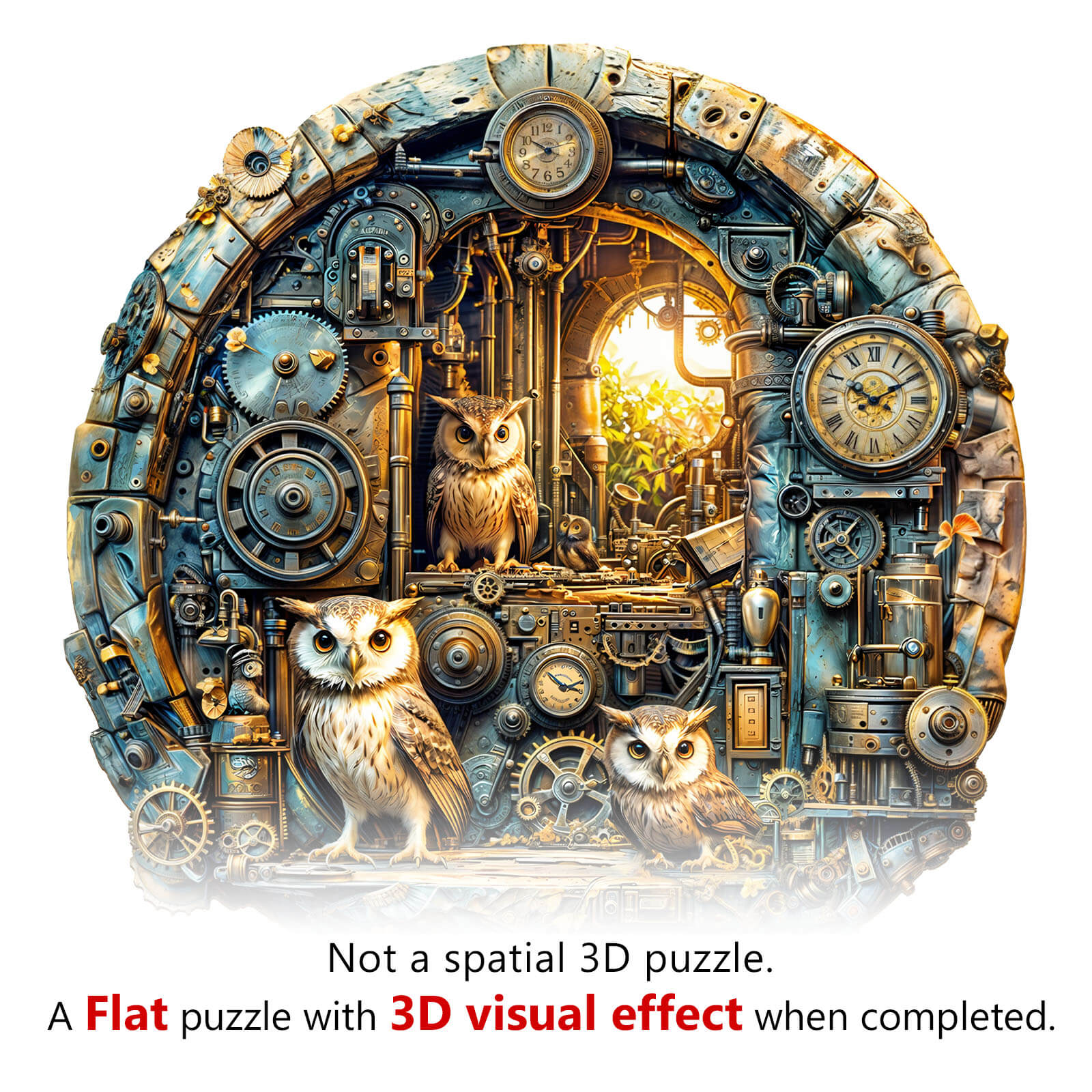 Steampunk owl wooden jigsaw puzzle featuring intricate design and 3D visual effects. Perfect for enhancing focus and creativity.